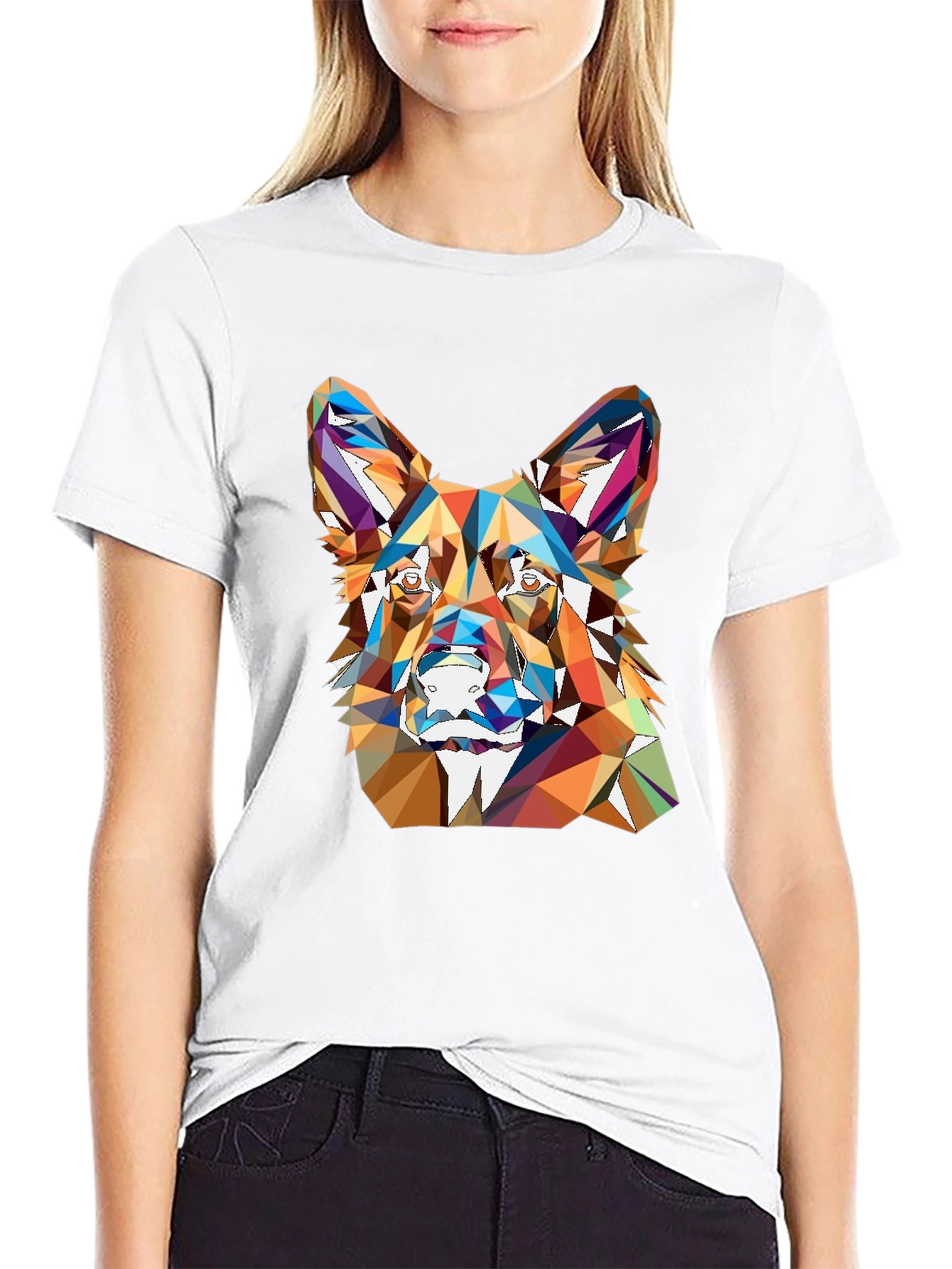 Geometric Dog Head Print Black T-Shirt
