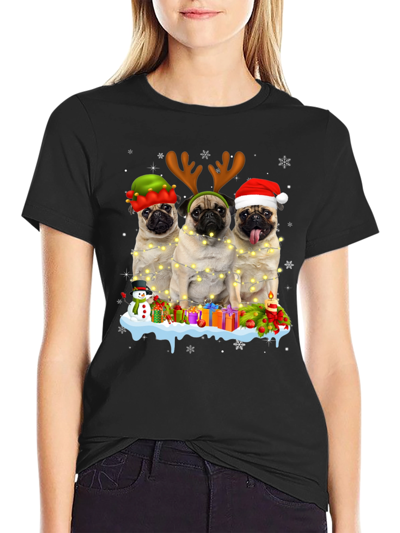 Festive Pugs Christmas Graphic T-Shirt