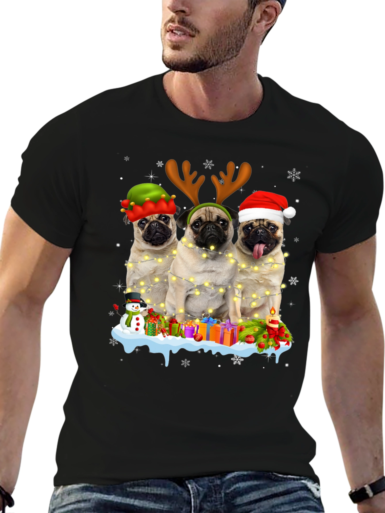 Festive Pugs Christmas Graphic T-Shirt