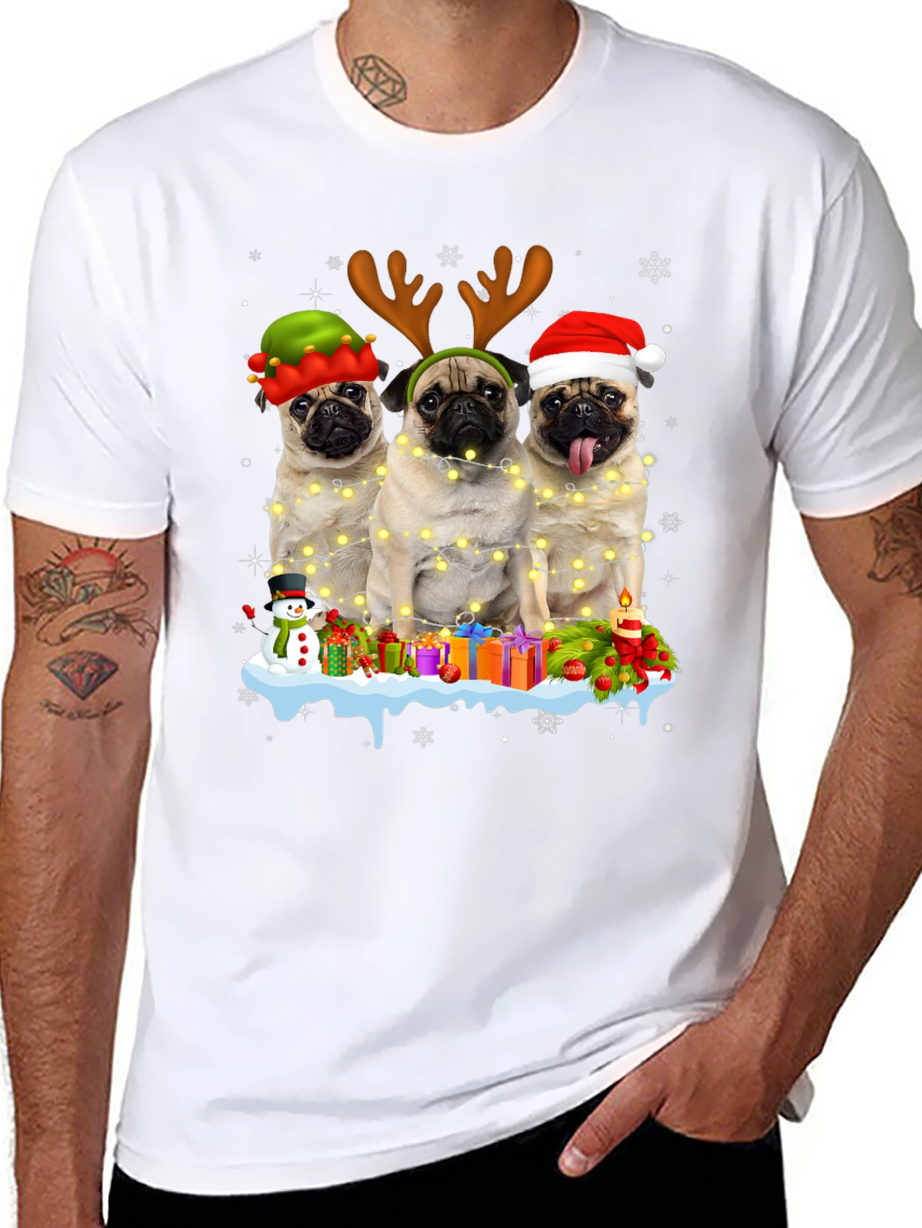 Festive Pugs Christmas Graphic T-Shirt