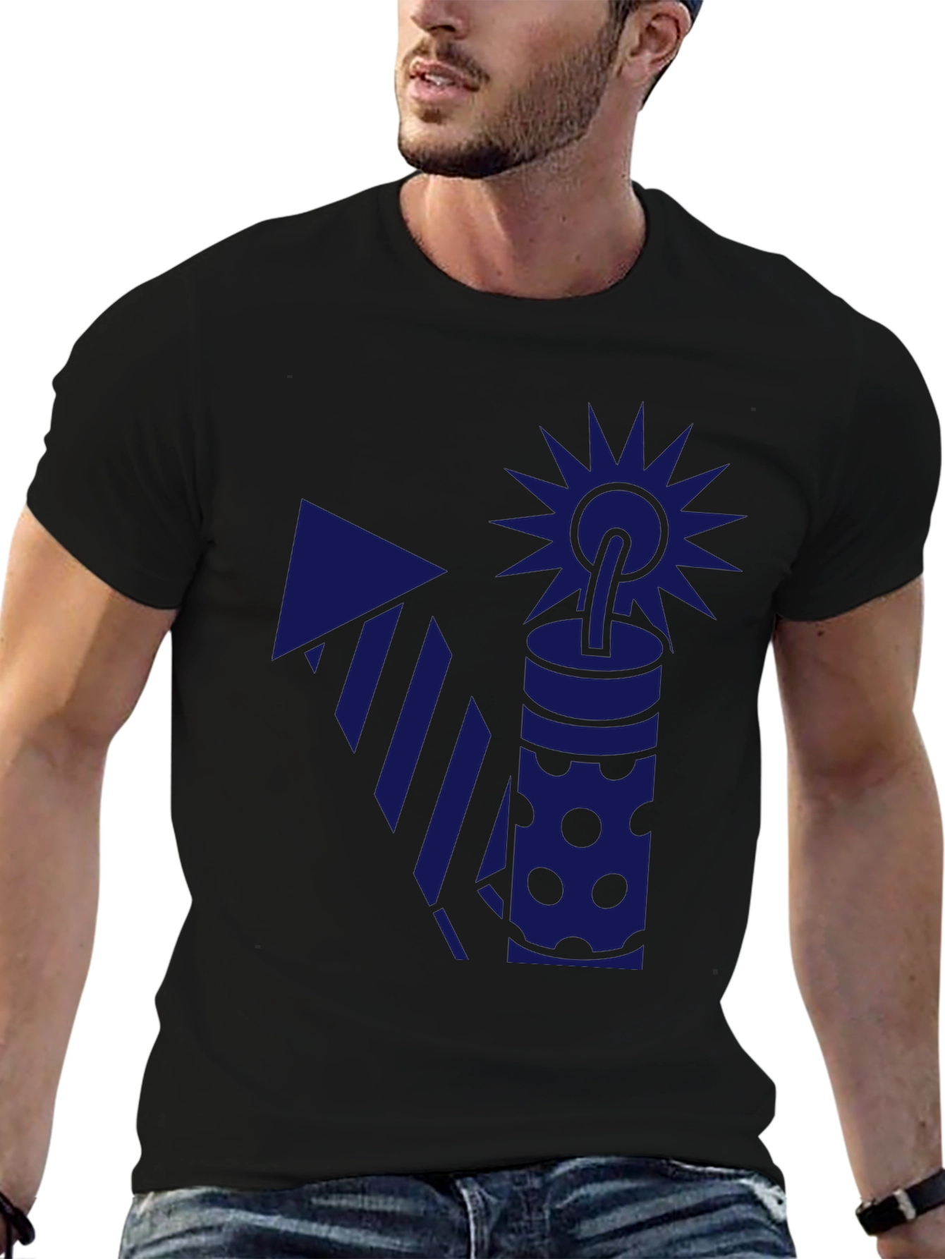 Blue Firework Graphic Black T-Shirt
