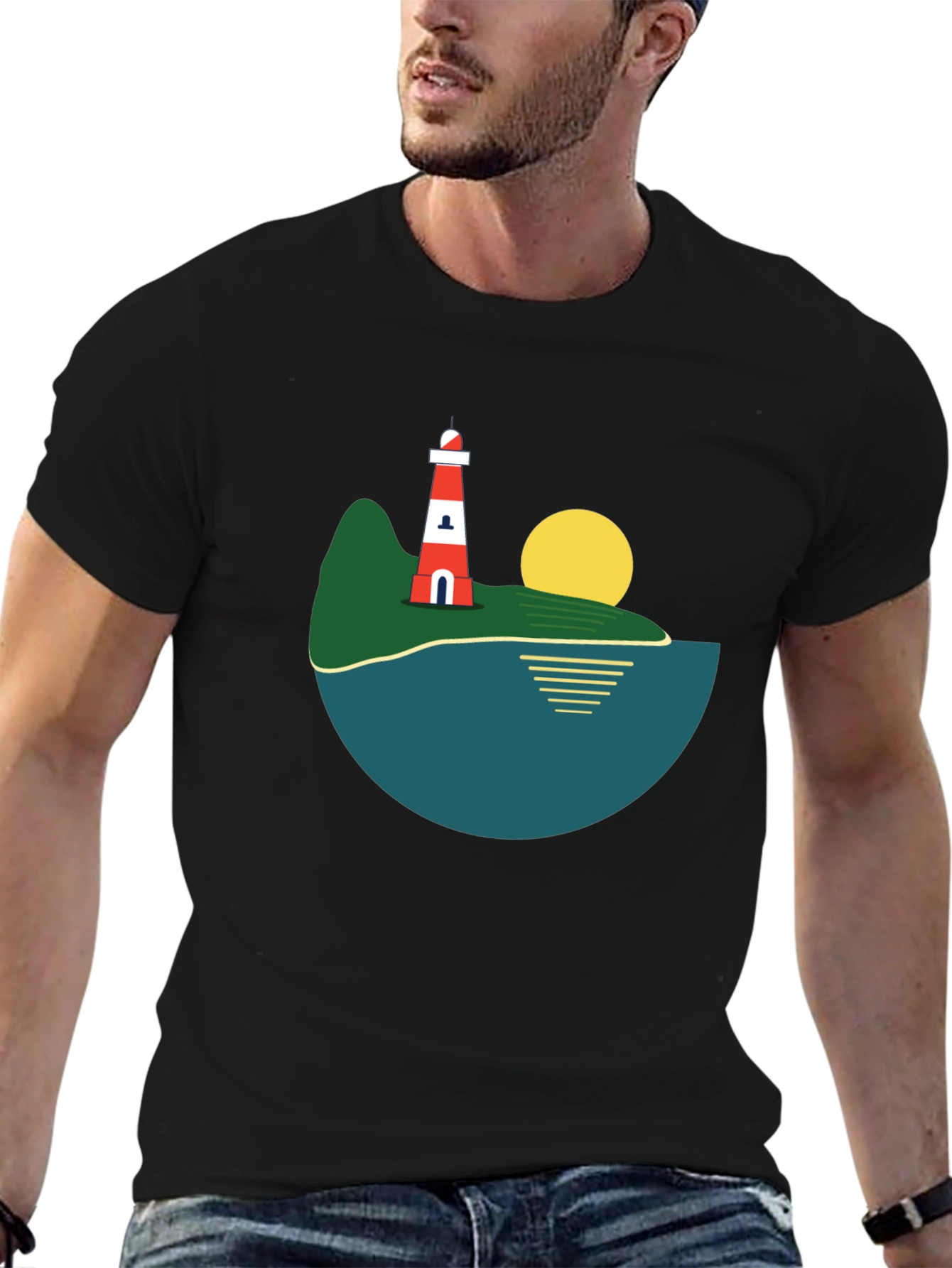 Lighthouse Island Graphic Tee - Stylish Black T-Shirt