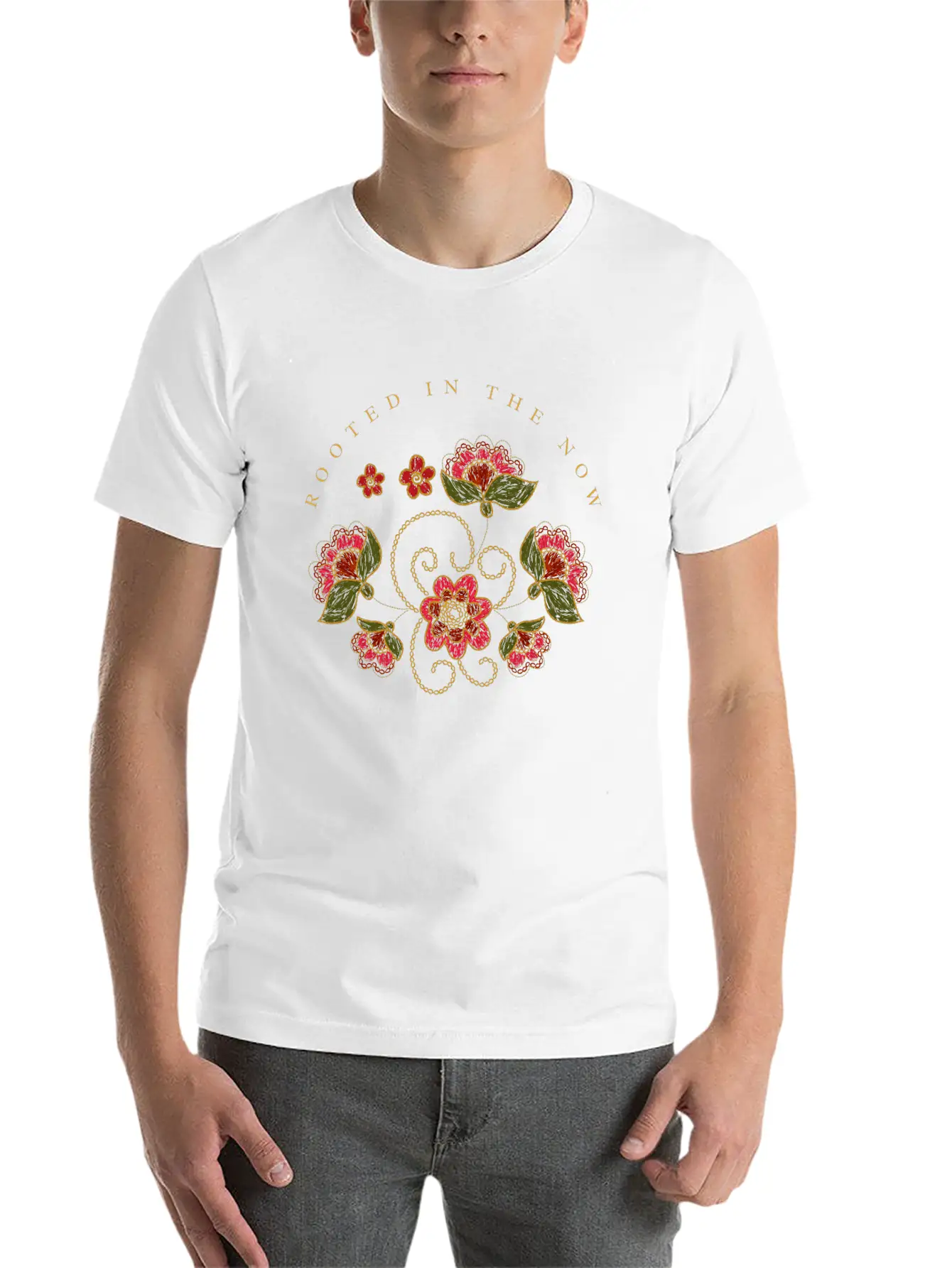 Mindful Quote About Present Moment Red Flowers Unisex Casual T-Shirt – Clean Design For Daily Comfort