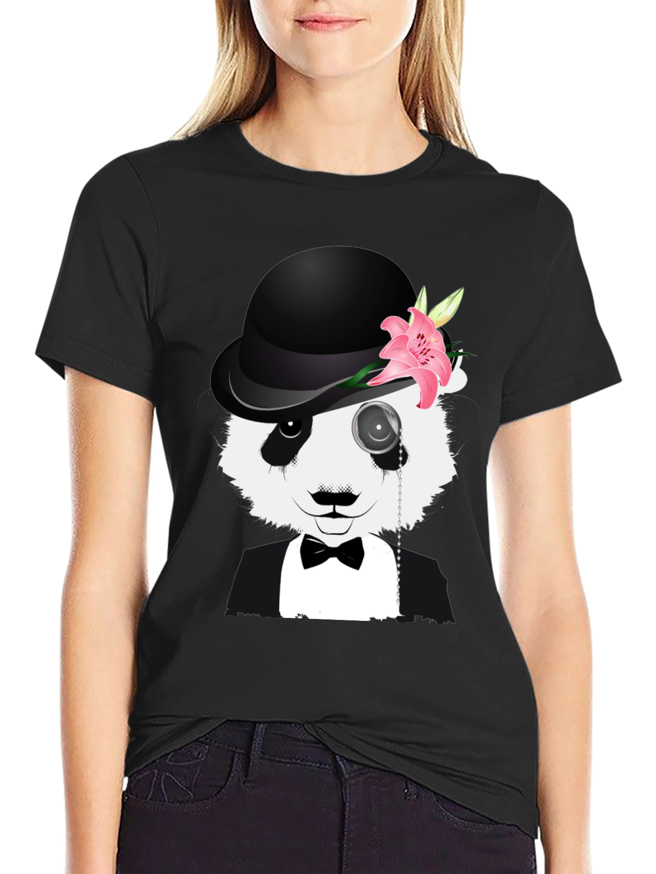 Panda Bowler Hat Monocle T-Shirt