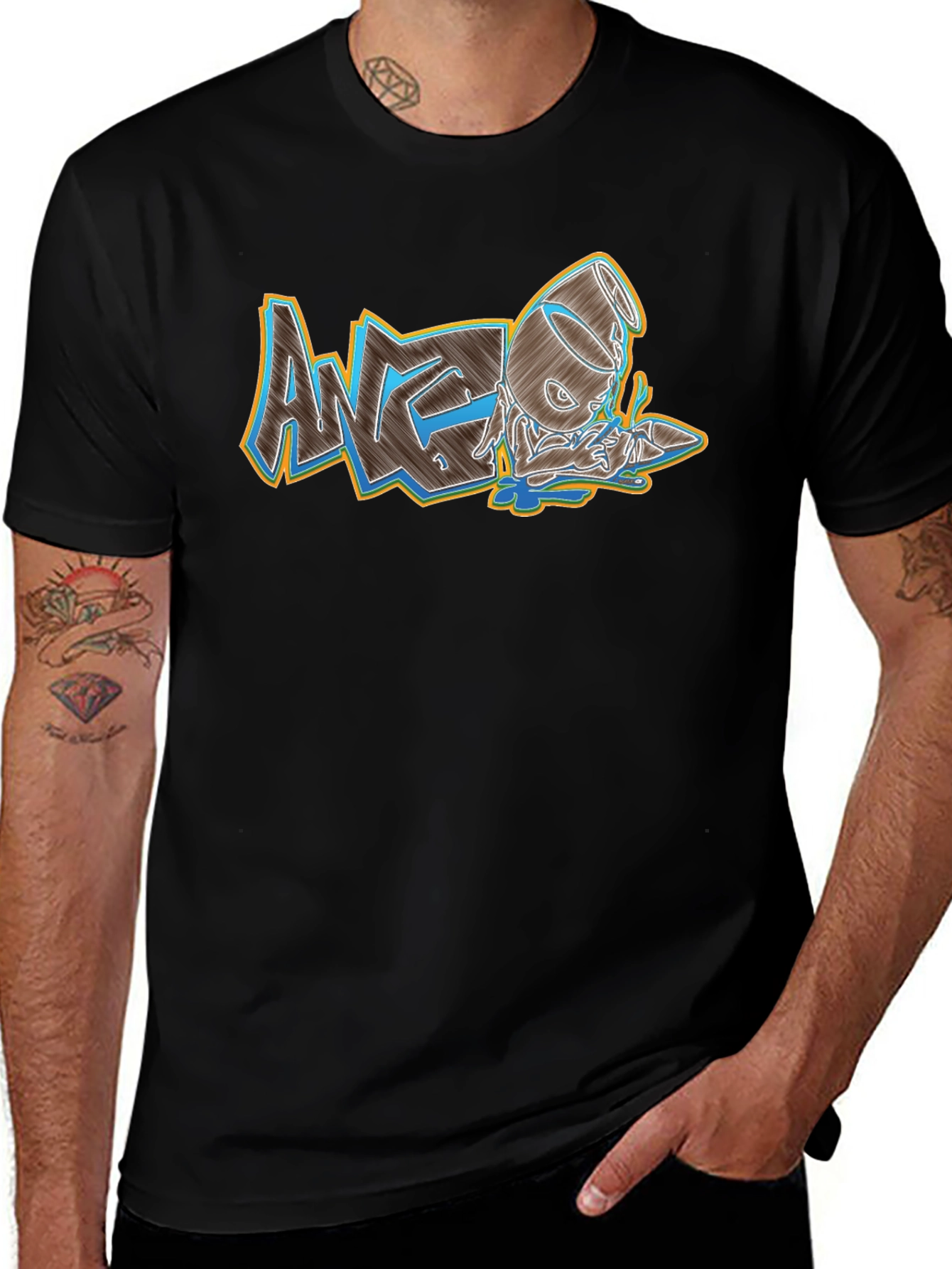 Mens Black Graphic Print Crew Neck Tee
