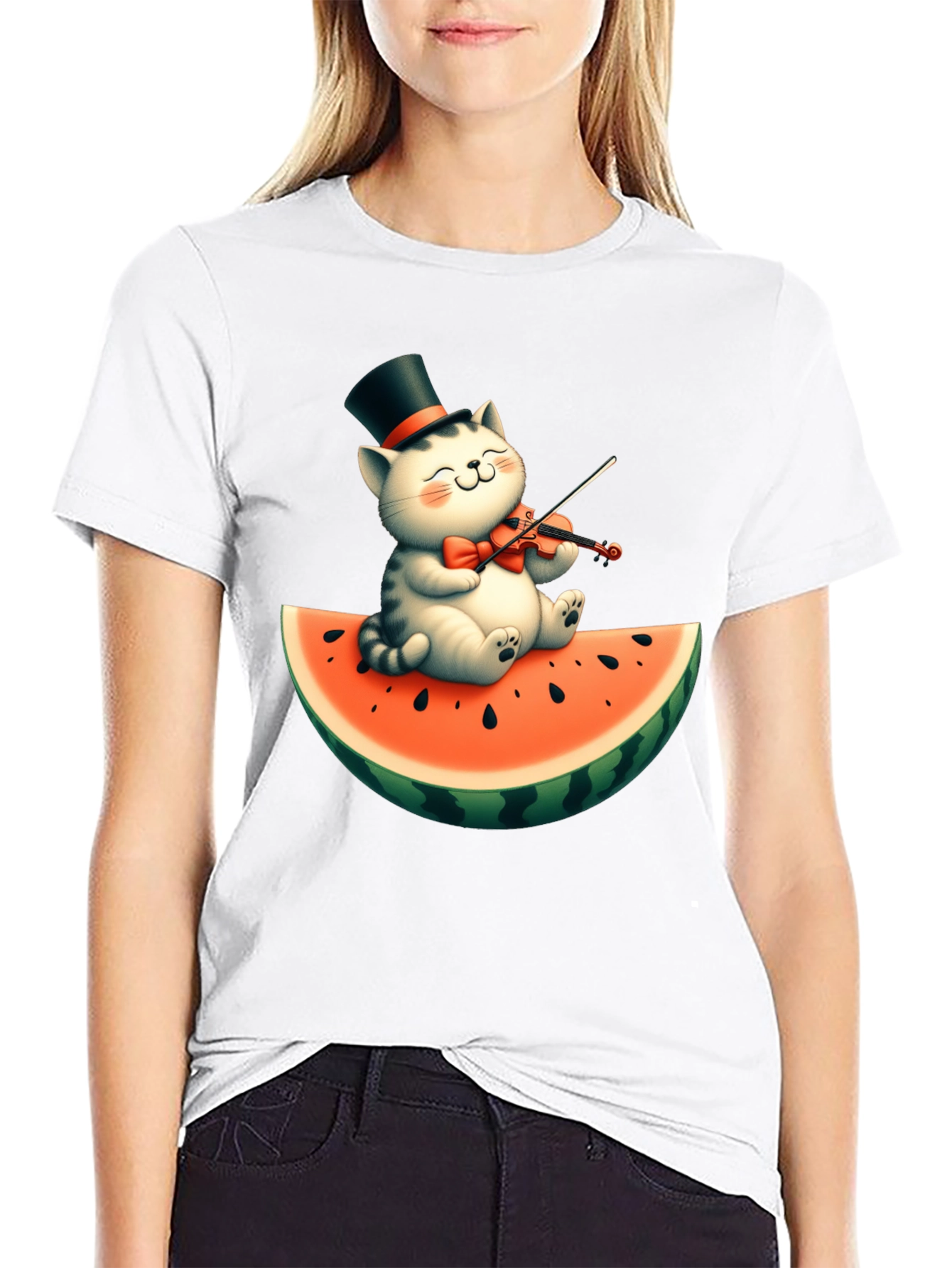 Cat Playing Violin on Watermelon Graphic Tee
