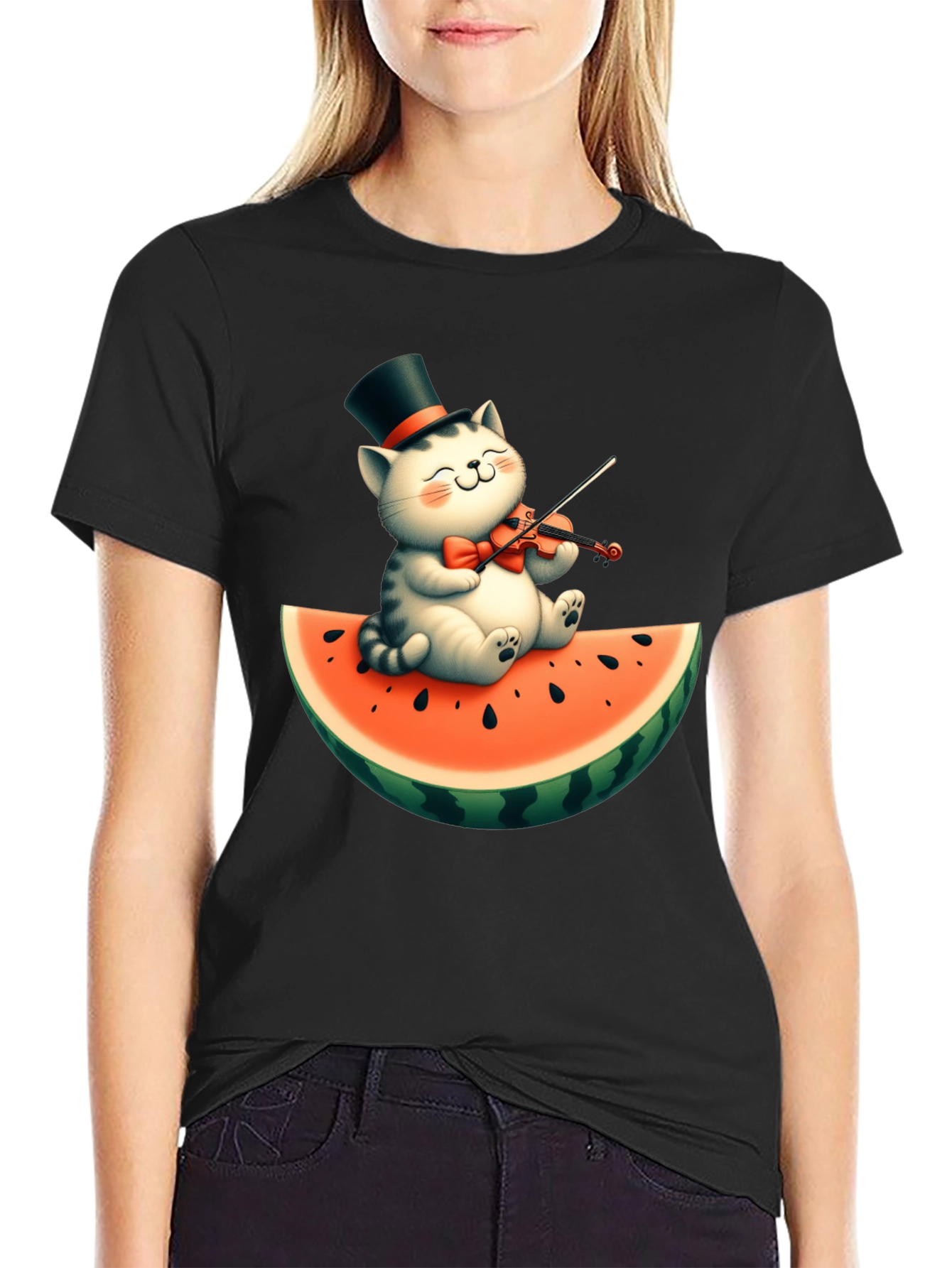 Cat Playing Violin on Watermelon Graphic Tee