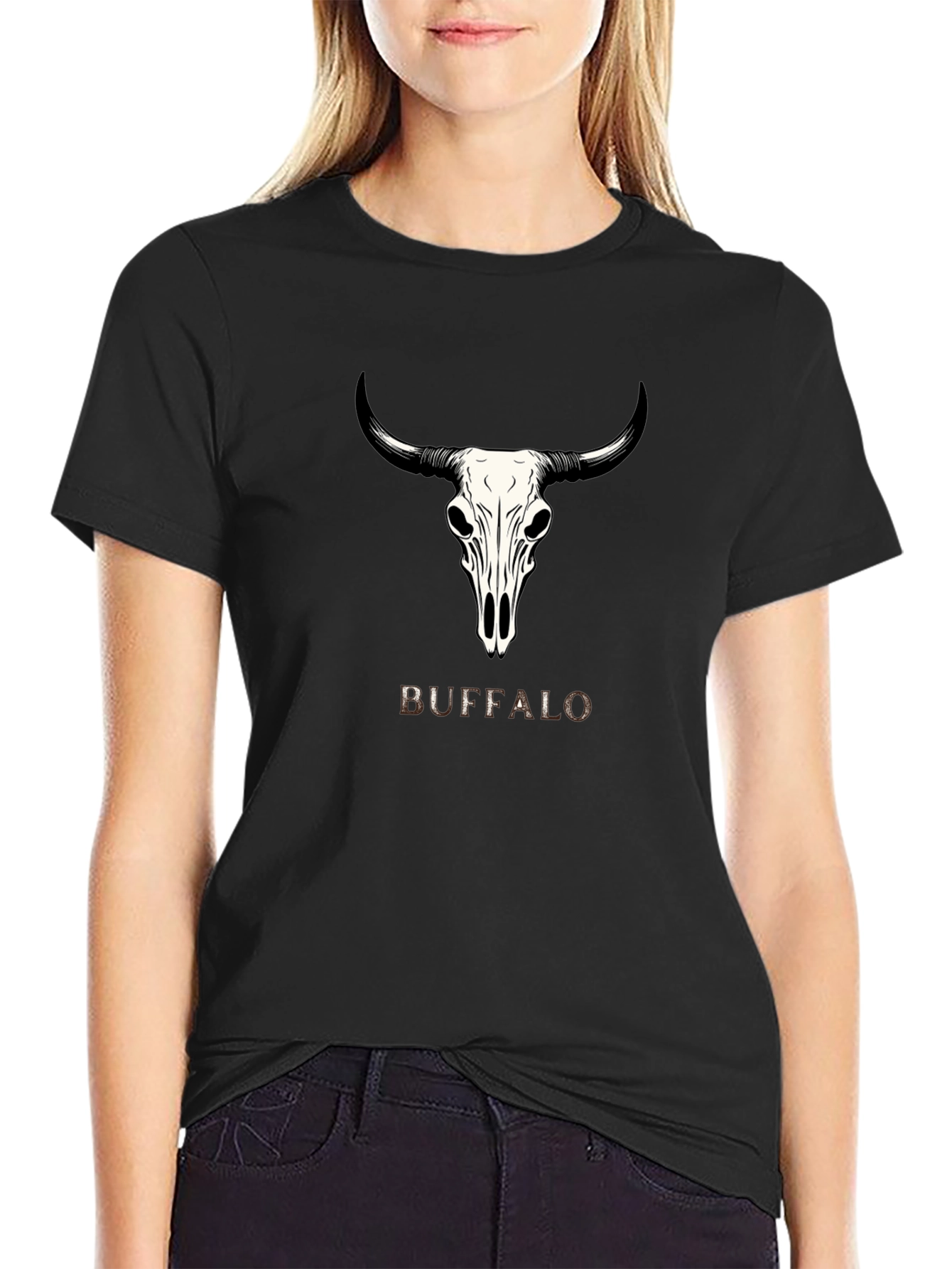 Buffalo Skull Graphic Tee - Trendy Black T-Shirt