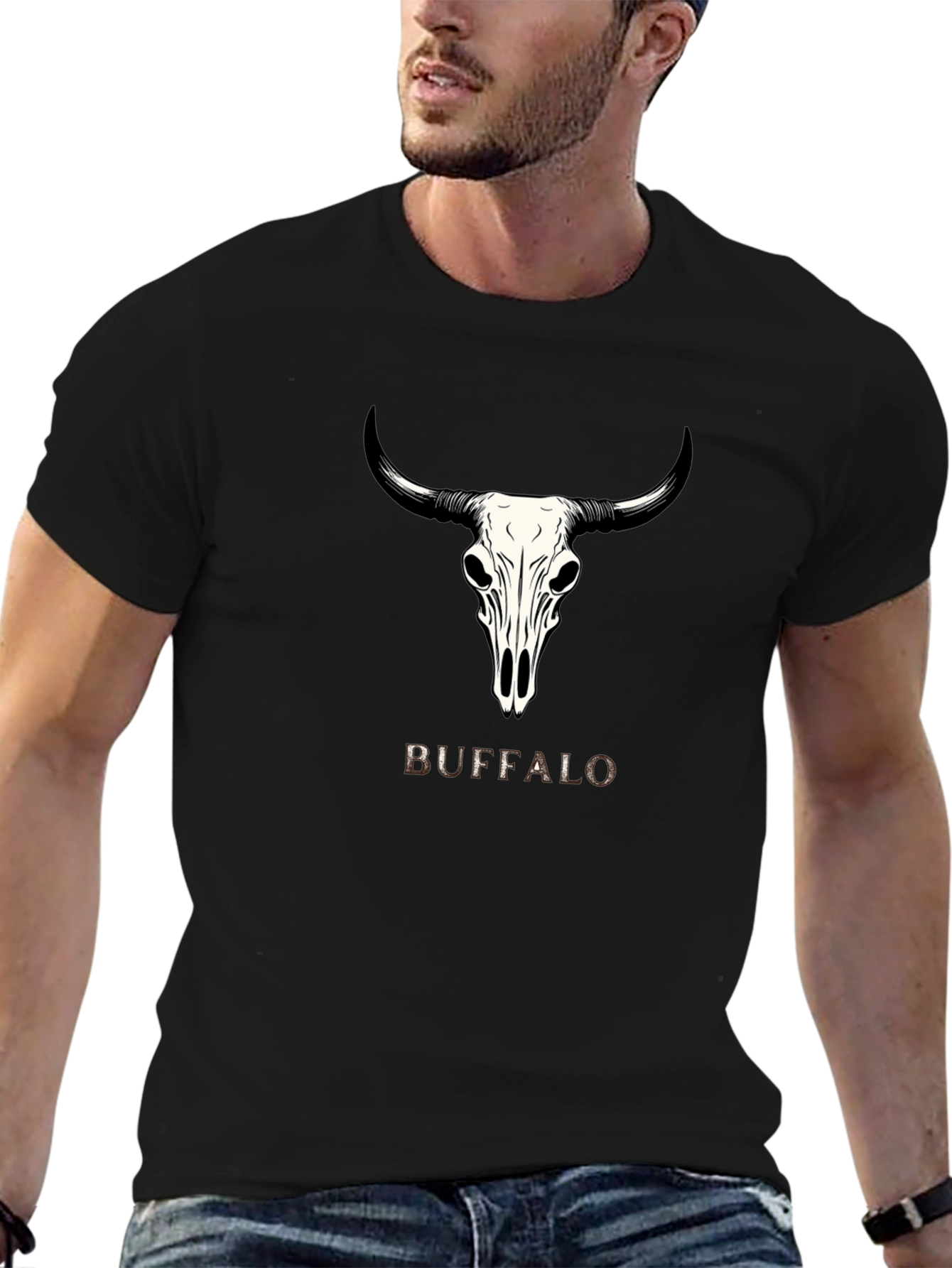 Buffalo Skull Graphic Tee - Trendy Black T-Shirt