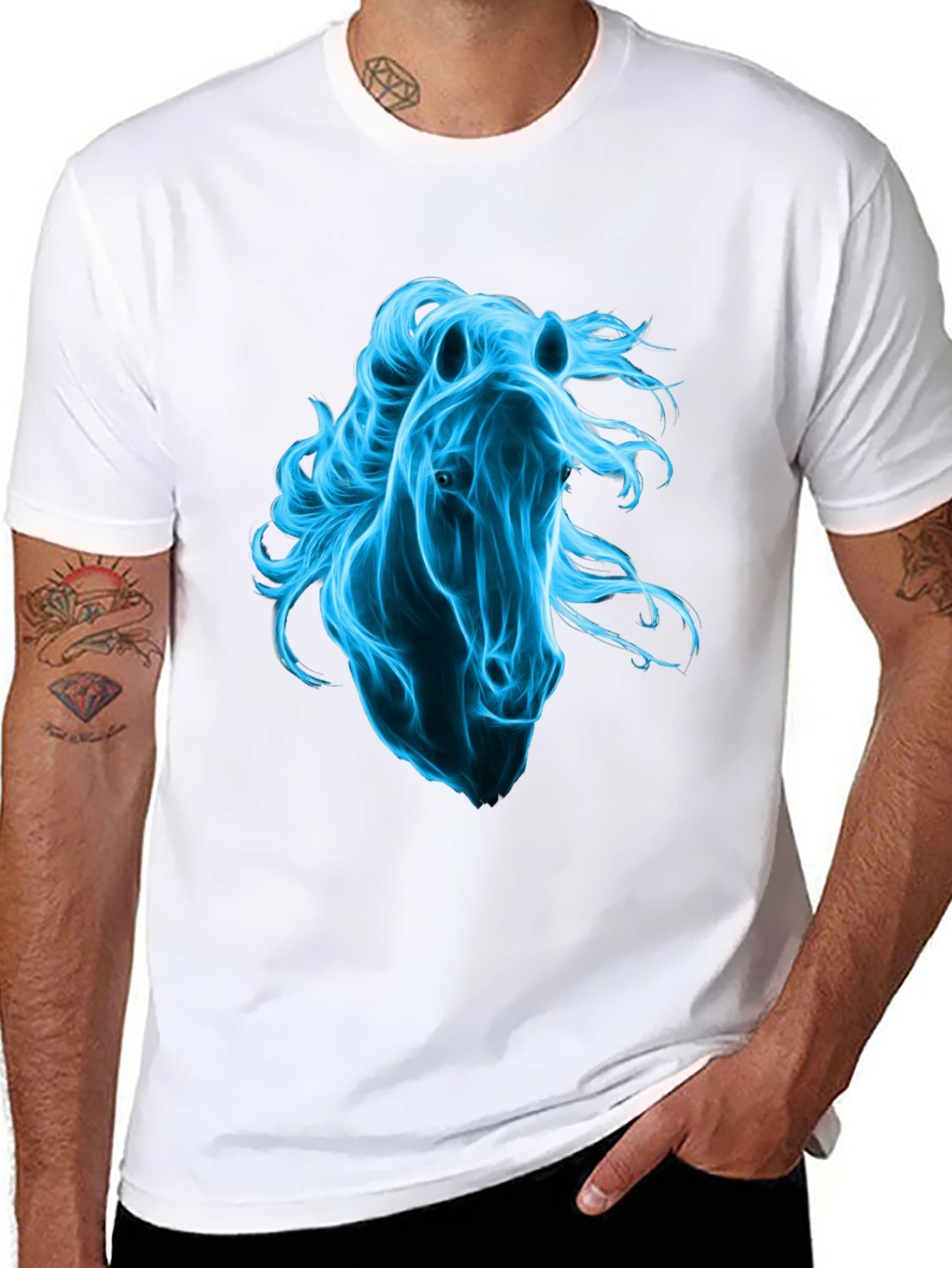 Mens Black T-Shirt with Blue Horse Graphic