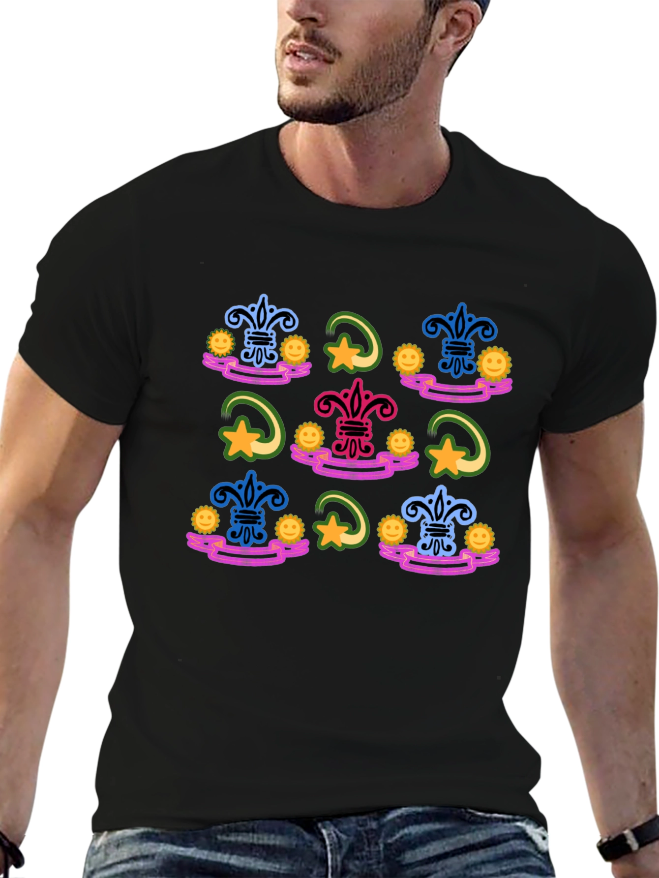 Funky Fleur-de-Lis Pattern Black T-Shirt