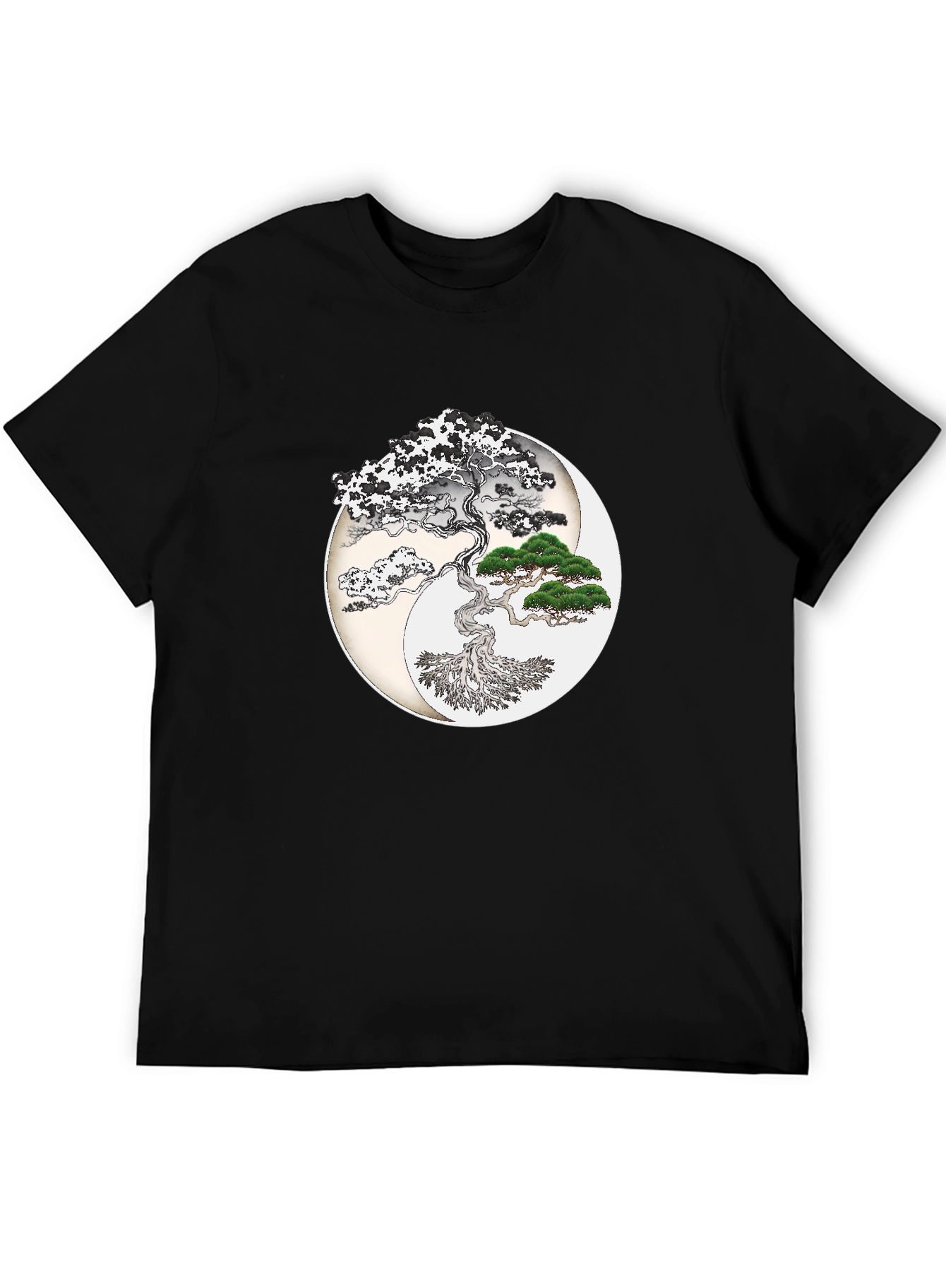 Yin Yang Bonsai Tree Graphic T-Shirt - Black
