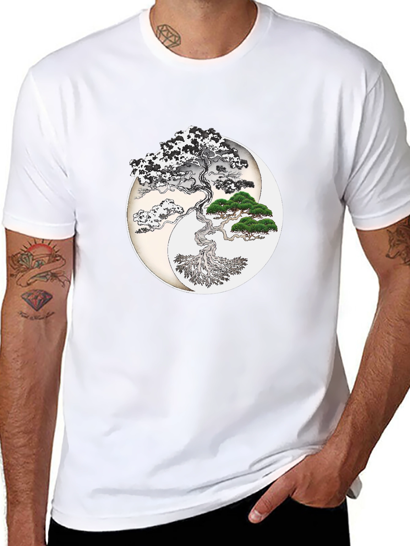 Yin Yang Bonsai Tree Graphic T-Shirt - Black