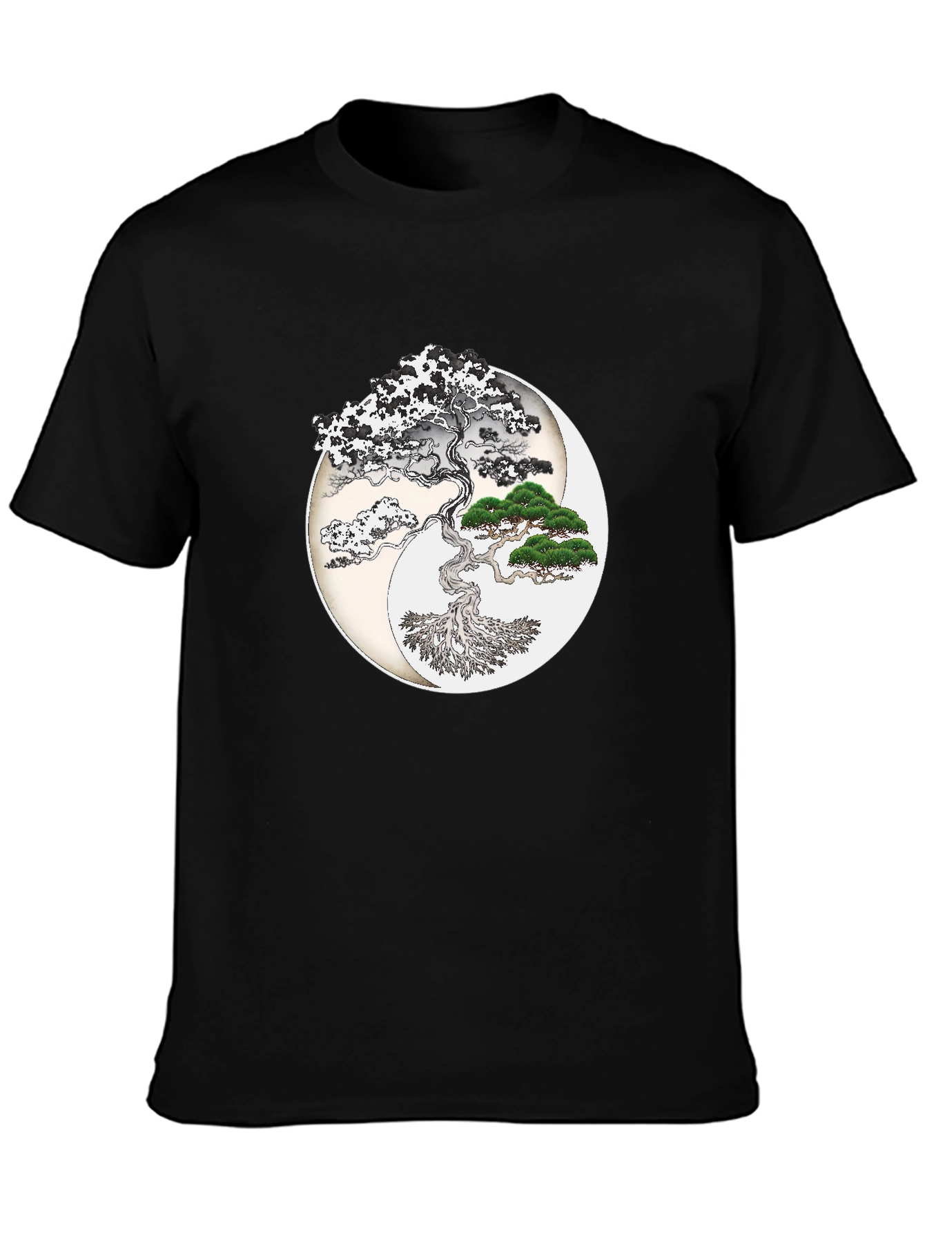 Yin Yang Bonsai Tree Graphic T-Shirt - Black