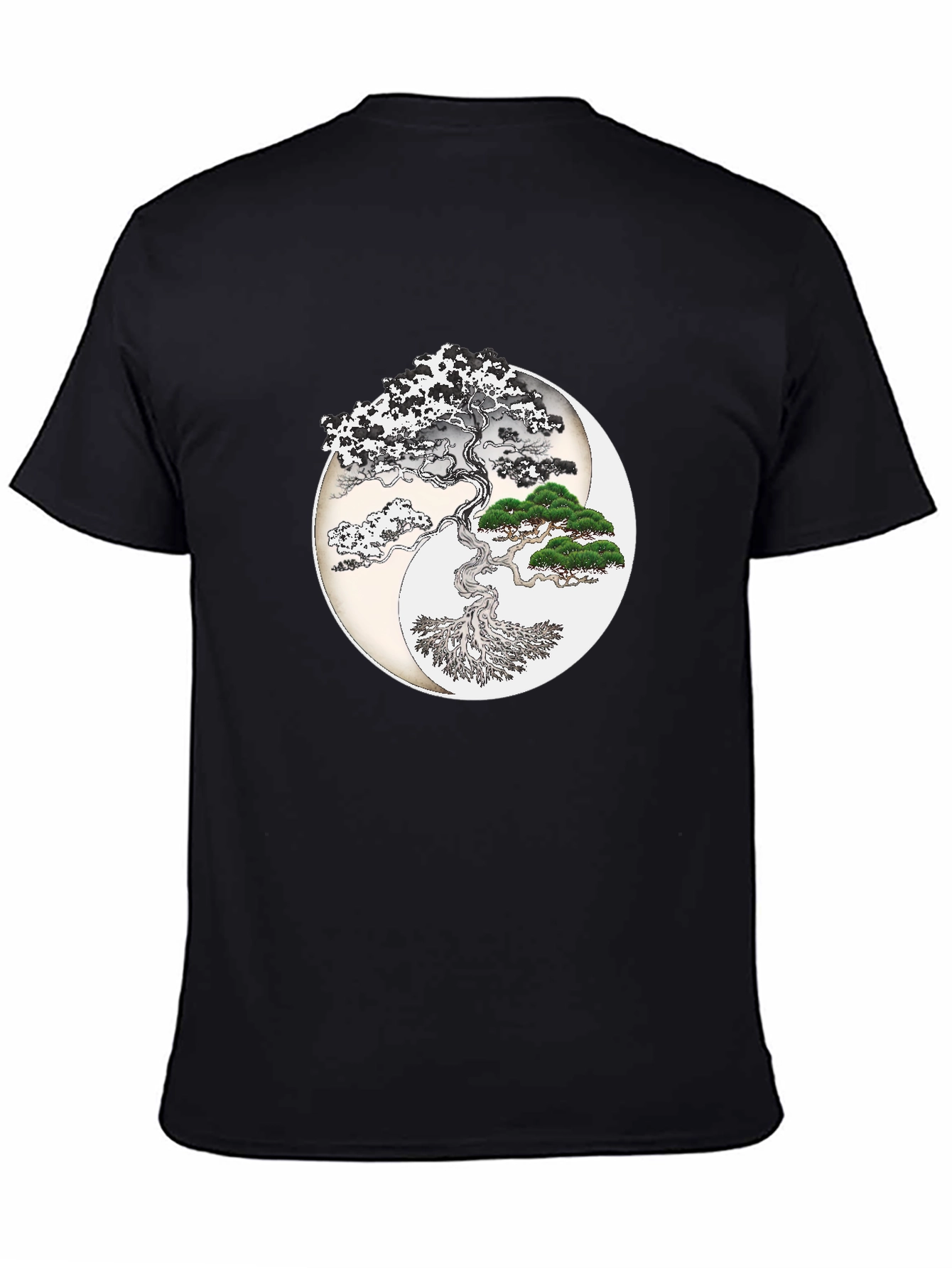 Yin Yang Bonsai Tree Graphic T-Shirt - Black