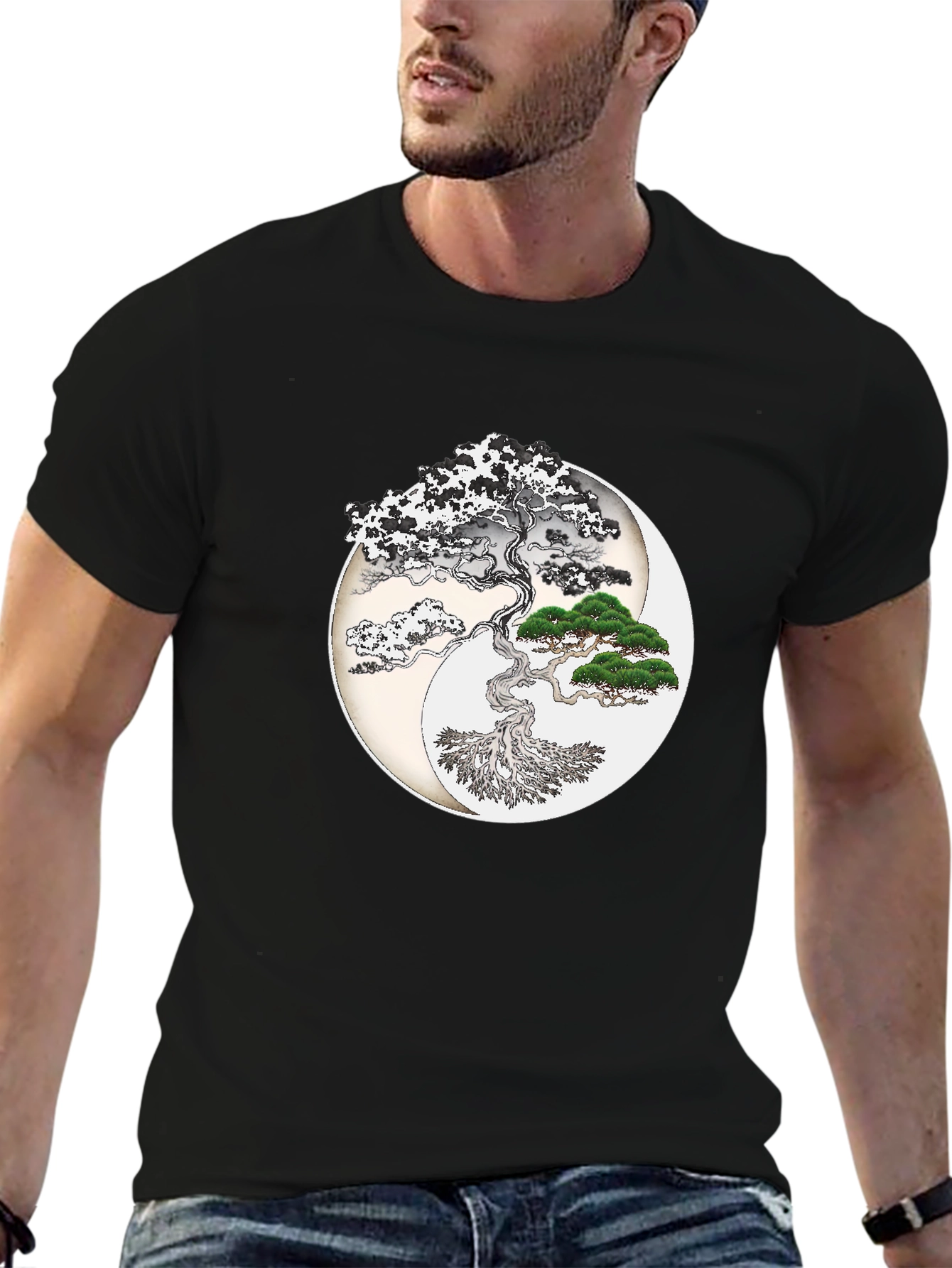 Yin Yang Bonsai Tree Graphic T-Shirt - Black