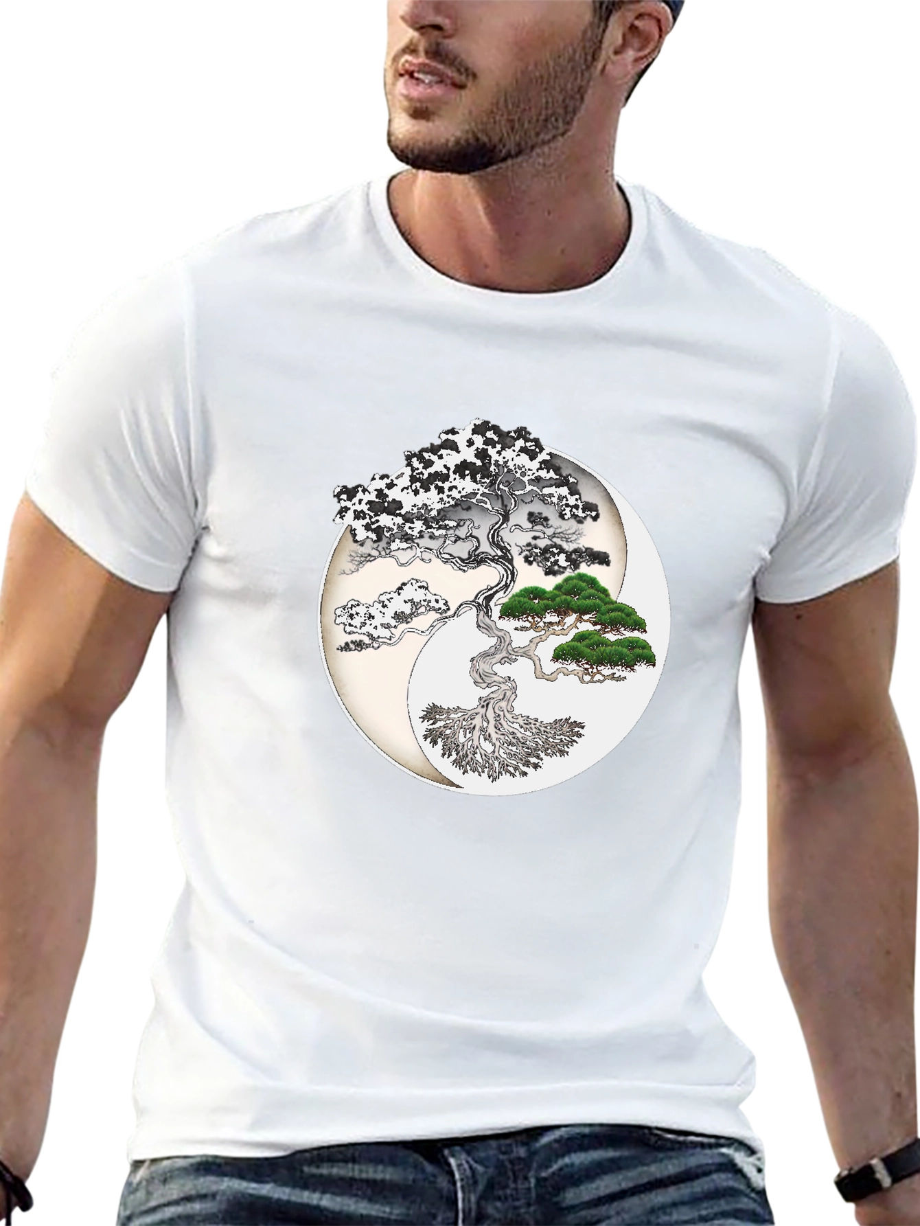 Yin Yang Bonsai Tree Graphic T-Shirt - Black