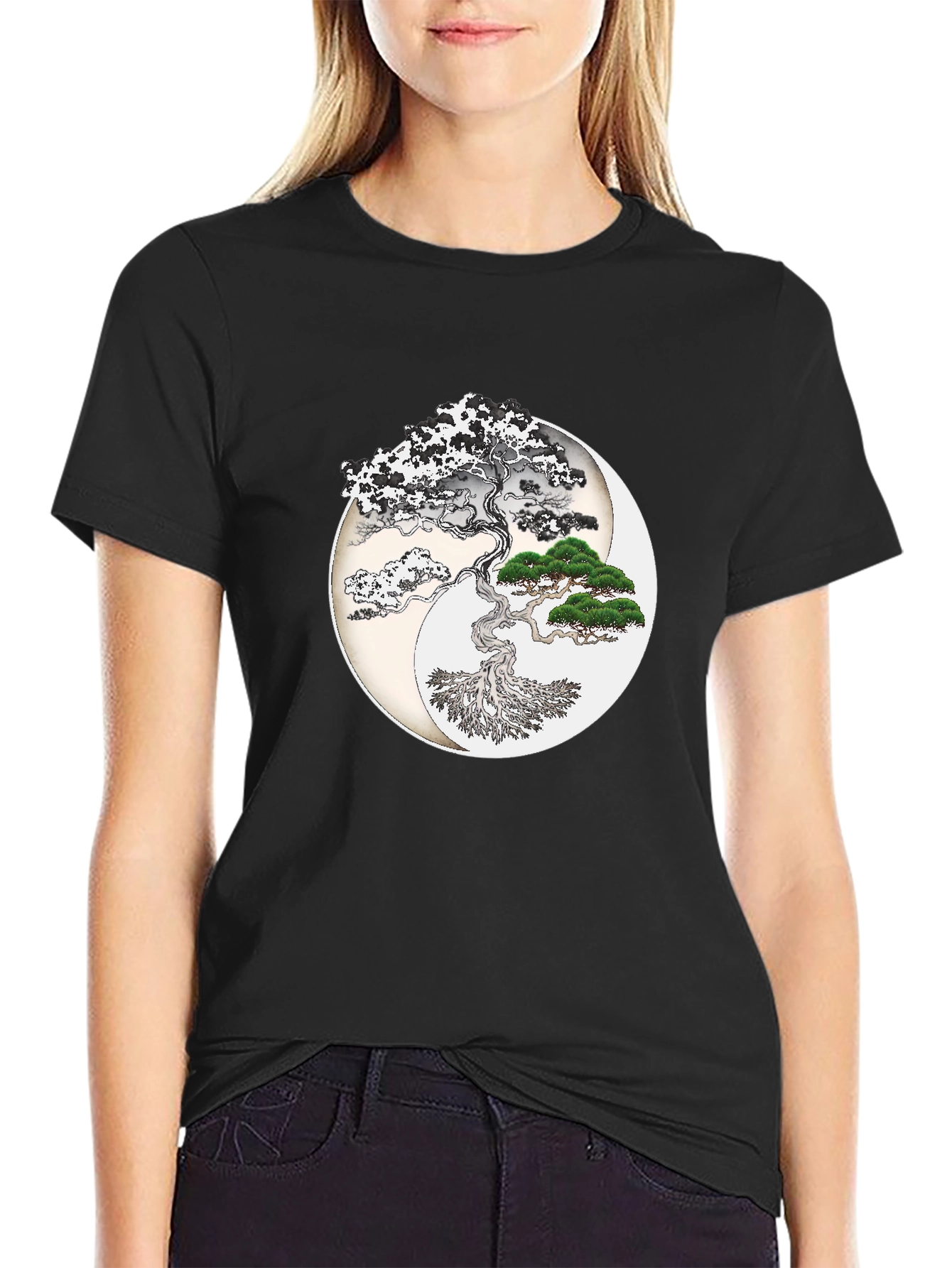 Yin Yang Bonsai Tree Graphic T-Shirt - Black
