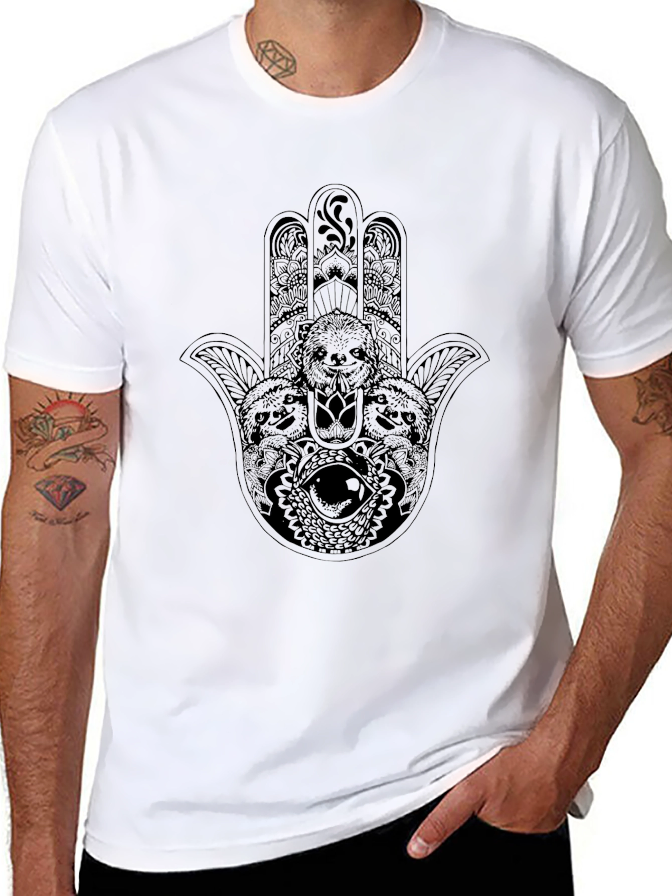 Black Hamsa Sloth Graphic T-Shirt