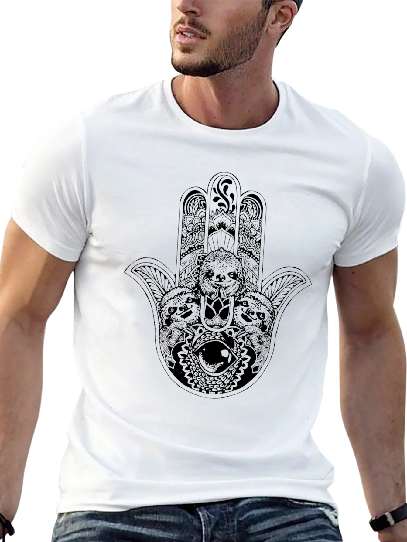 Black Hamsa Sloth Graphic T-Shirt