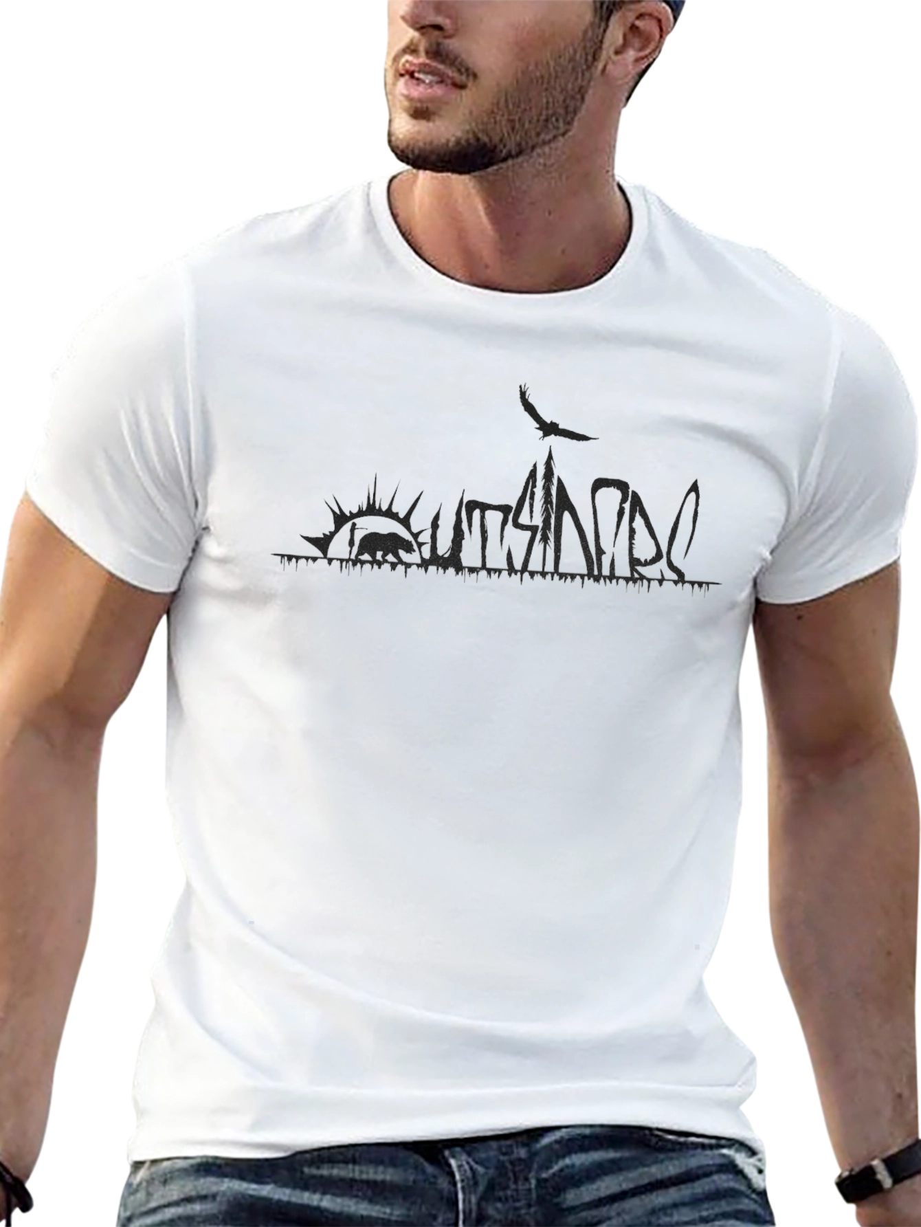 Mens Black T-Shirt with Abstract Outdoors Print