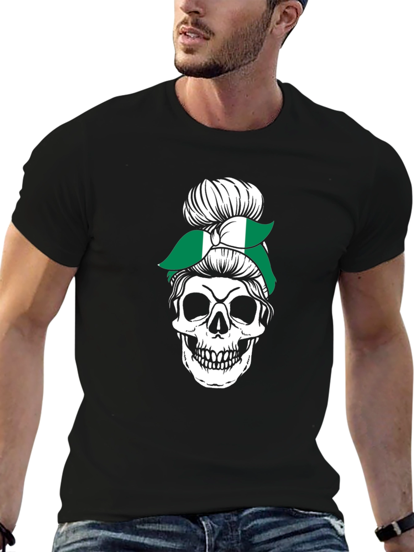 Skull Nigeria Messy Bun T-Shirt