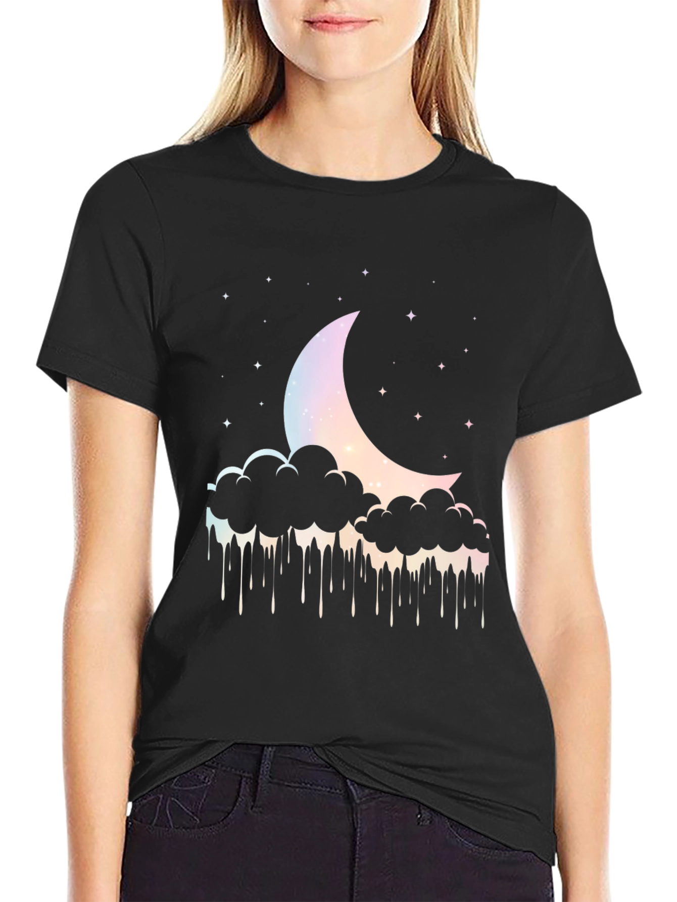 Dreamy Moon Cloud Graphic Tee - Black