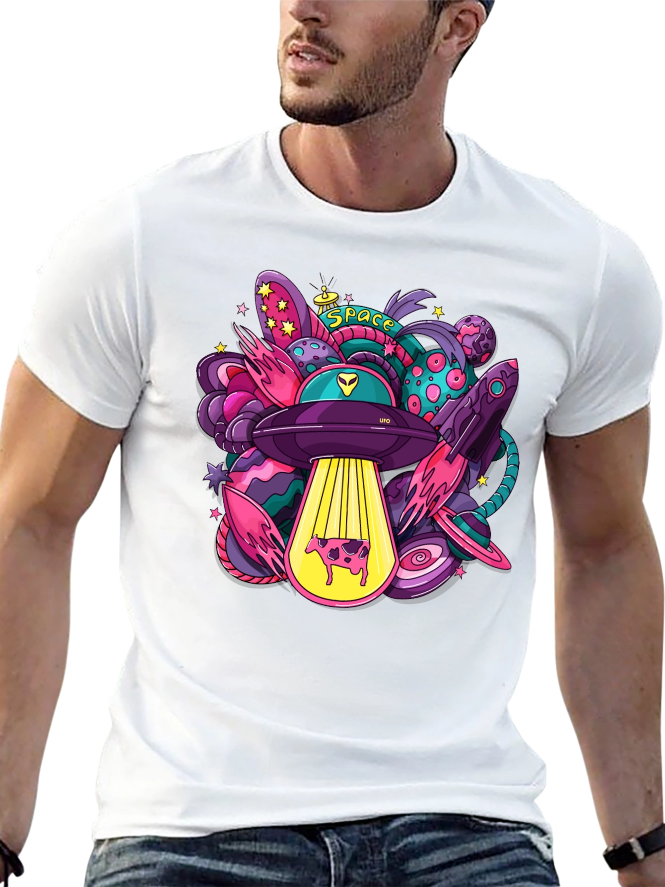 Cosmic Cow Abduction T-Shirt - Space UFO Graphic Tee