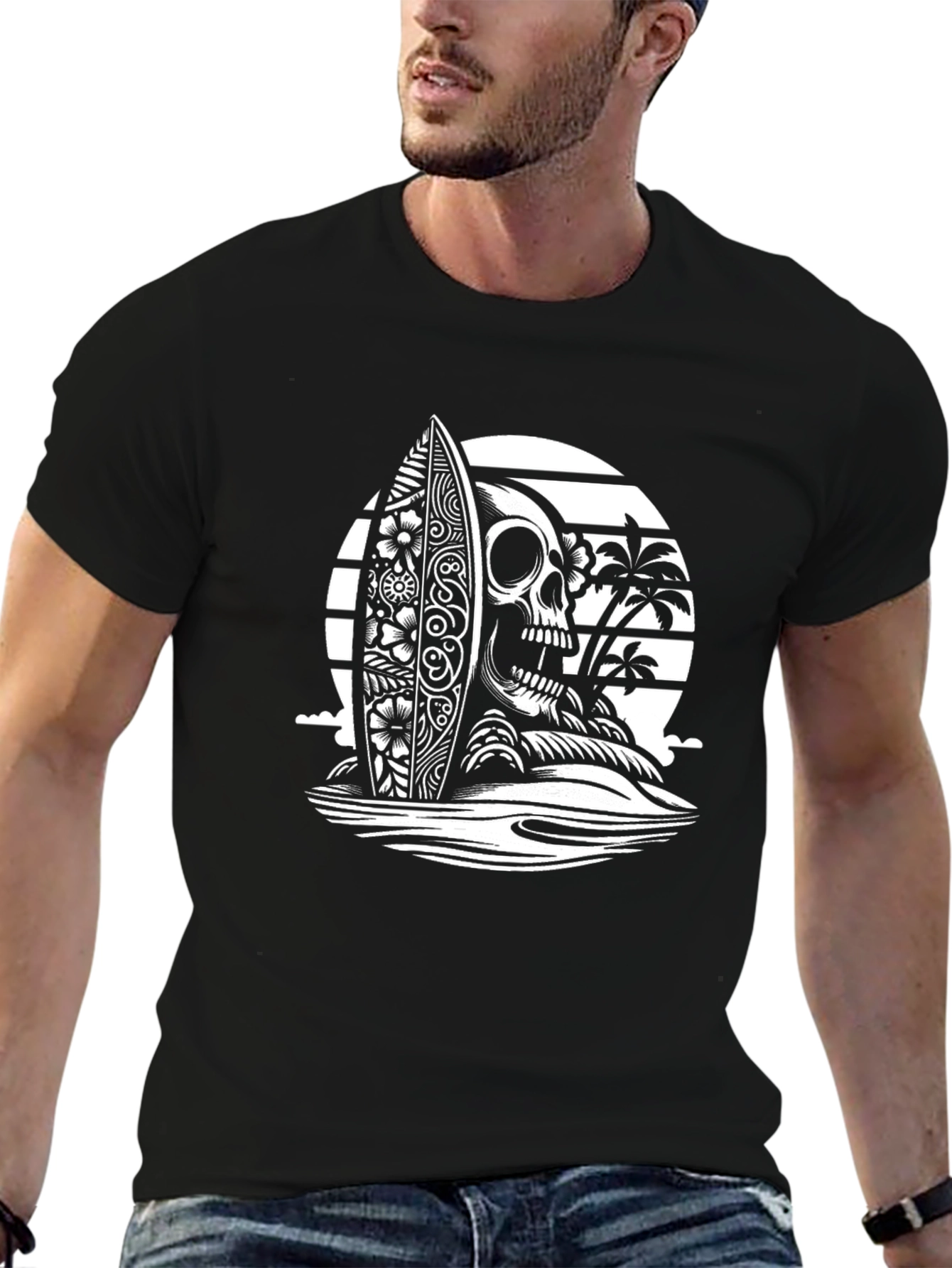Skull Surfboard Graphic Tee - Black