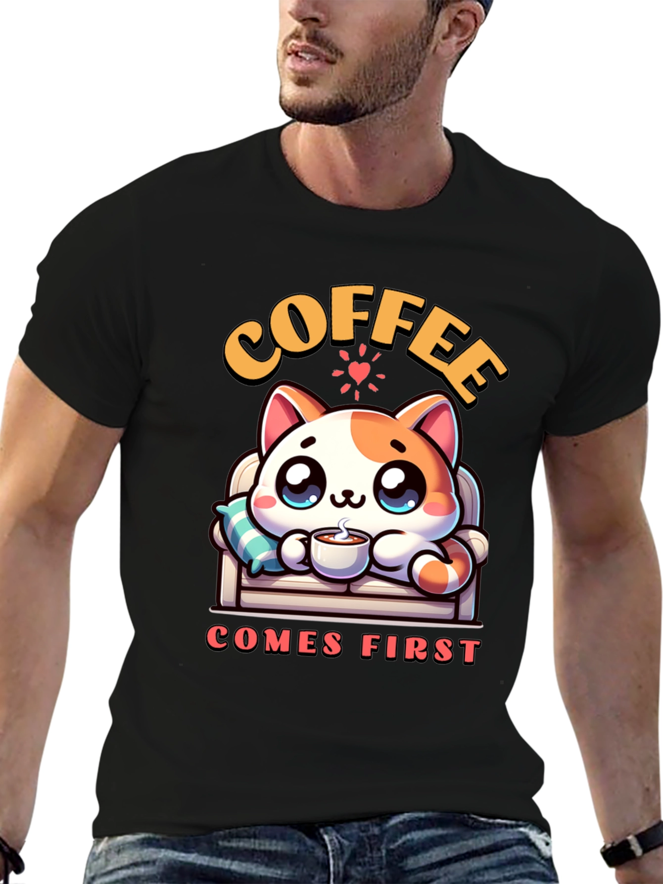 Coffee First Cat Graphic Tee - Cute & Cozy