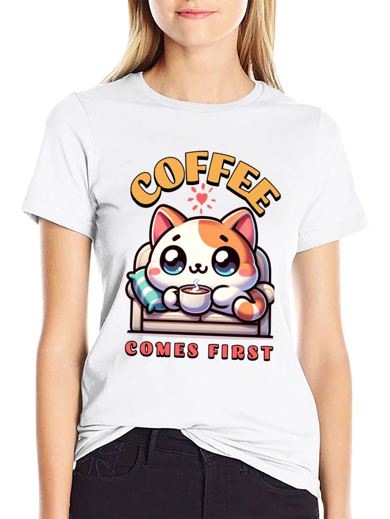 Coffee First Cat Graphic Tee - Cute & Cozy