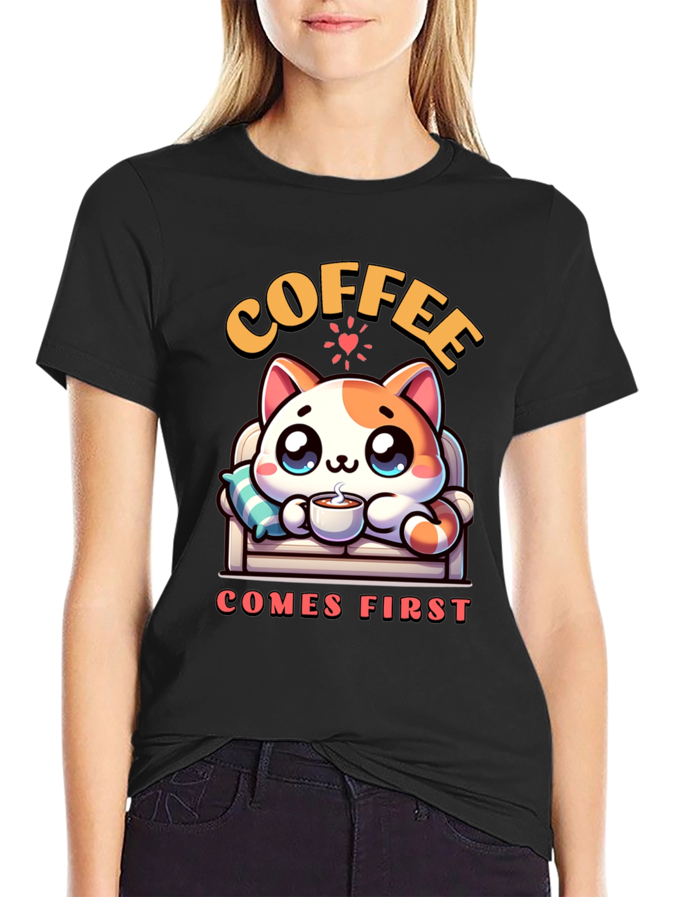 Coffee First Cat Graphic Tee - Cute & Cozy