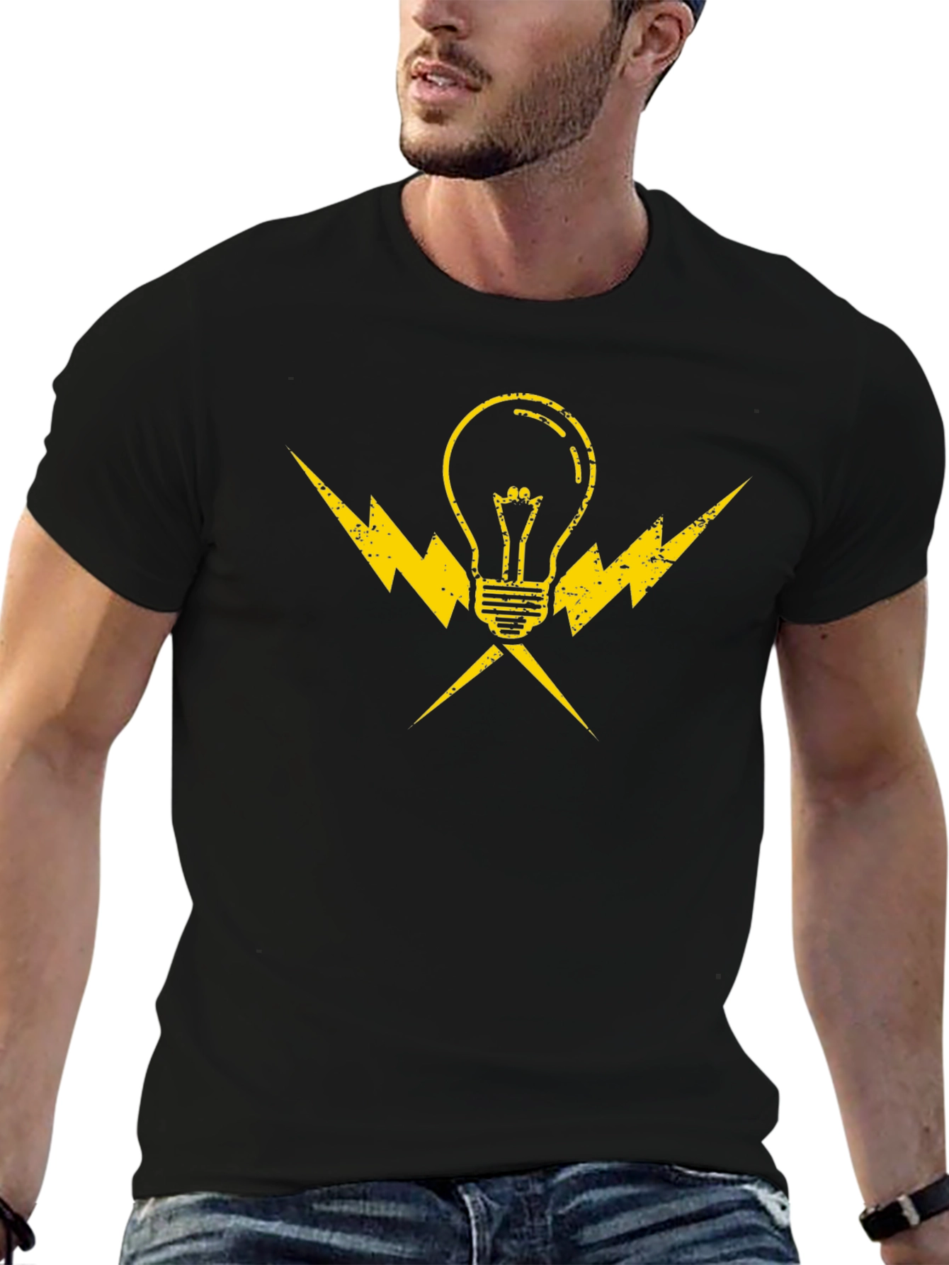 Electrician Light Bulb Bolt Tee - Black Cotton