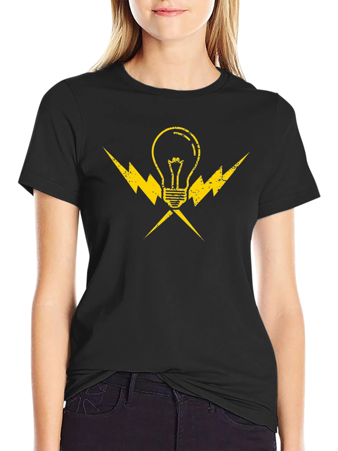 Electrician Light Bulb Bolt Tee - Black Cotton