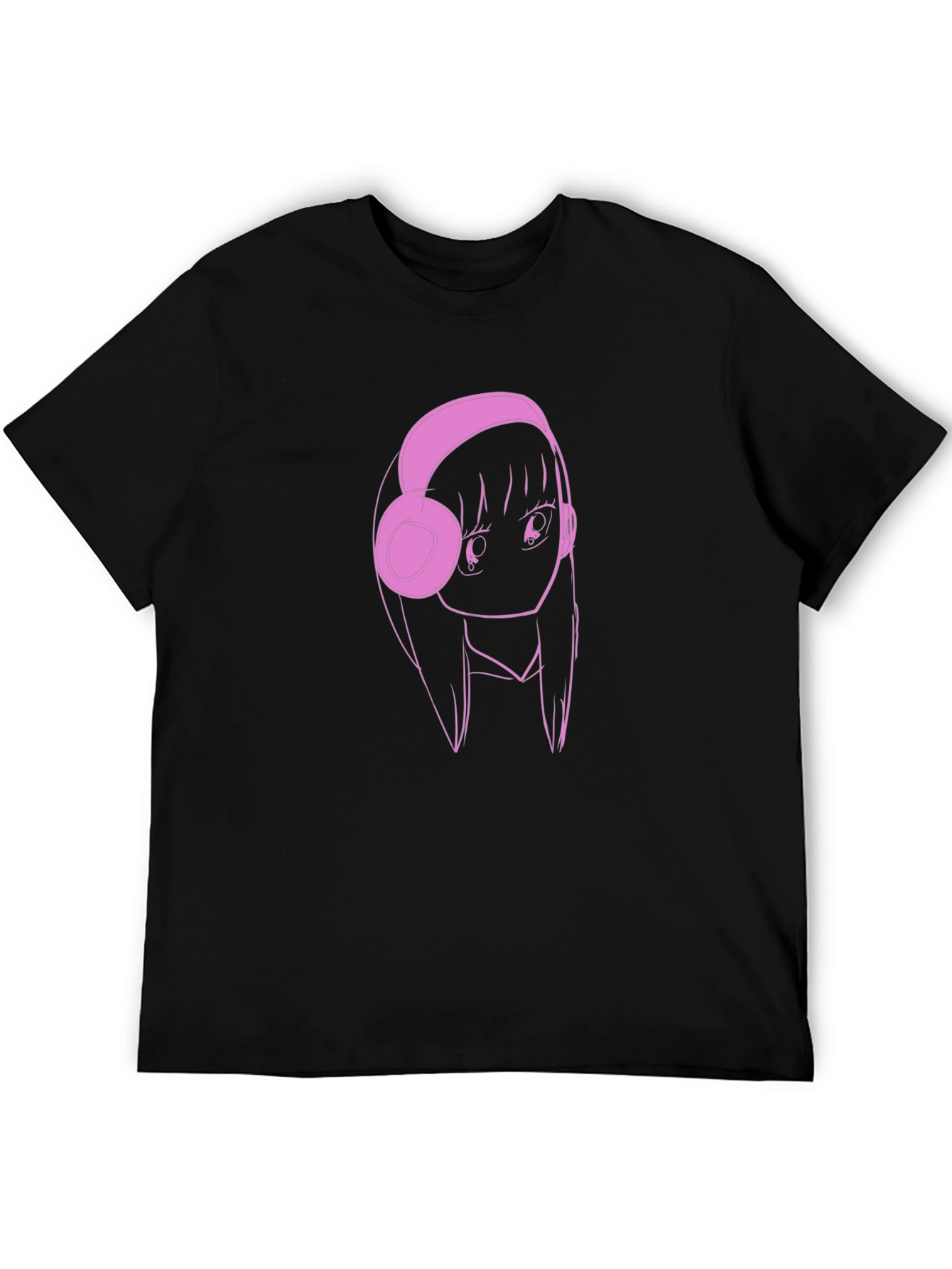 Anime Girl Pink Headphones Black T-Shirt