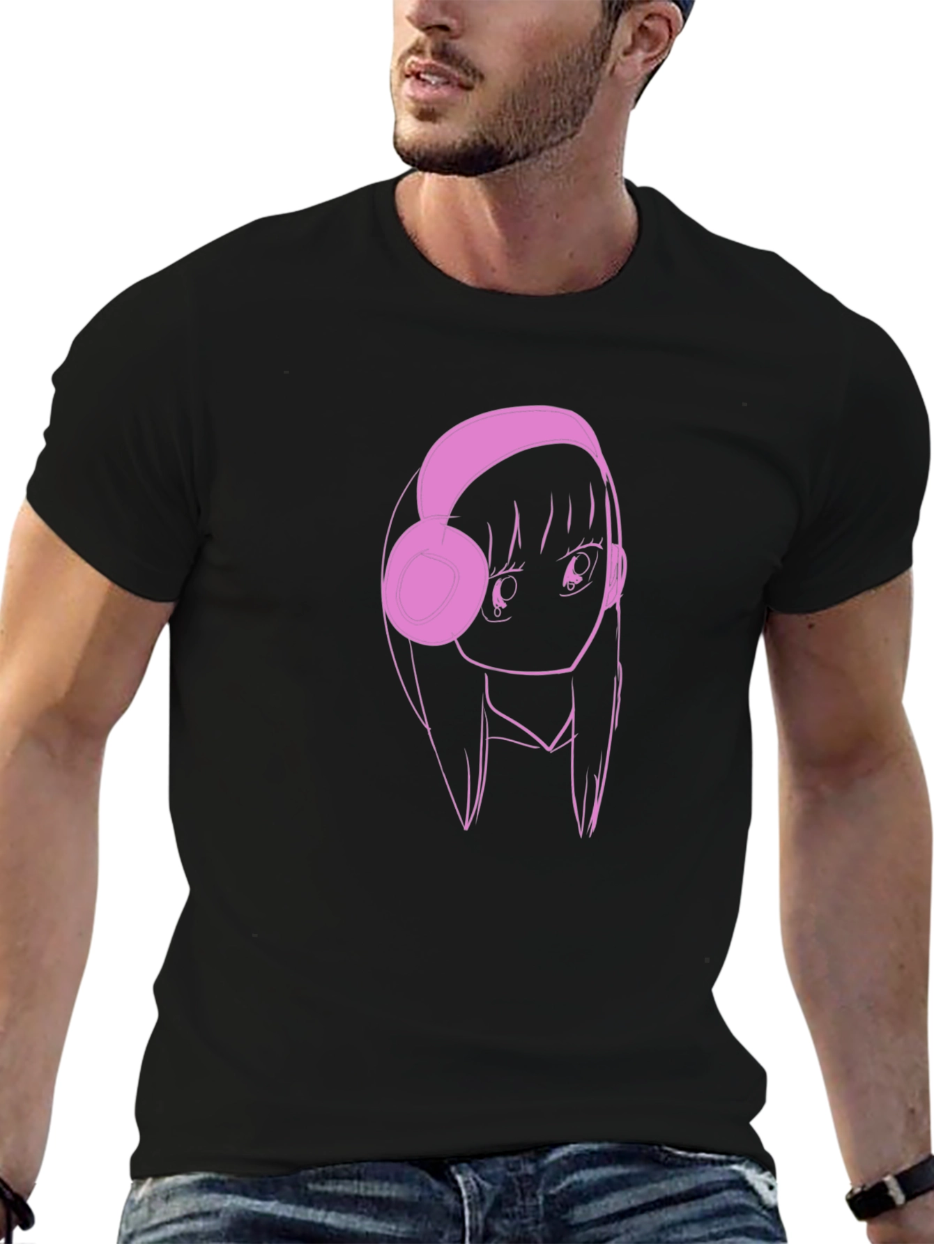 Anime Girl Pink Headphones Black T-Shirt