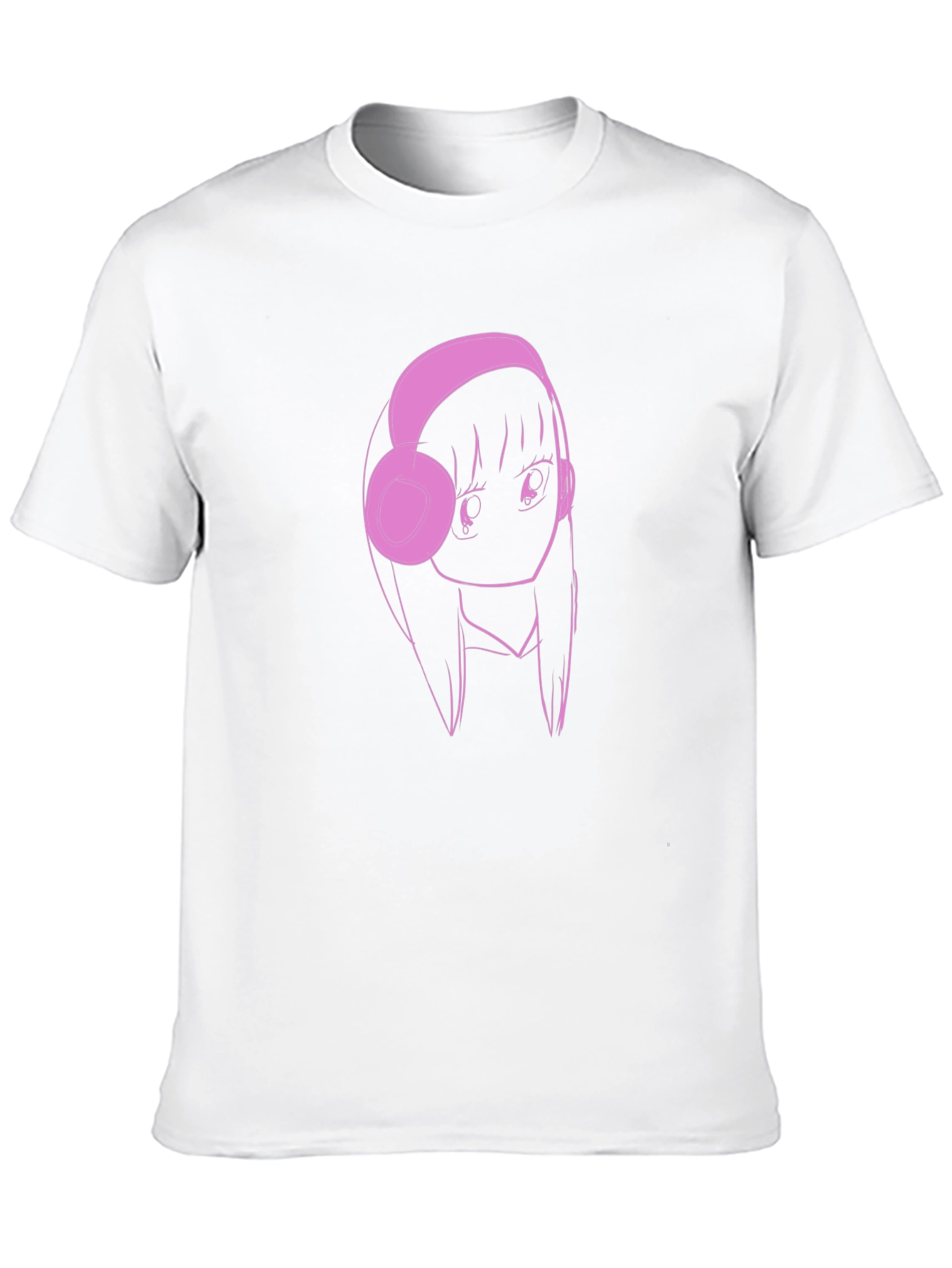 Anime Girl Pink Headphones Black T-Shirt
