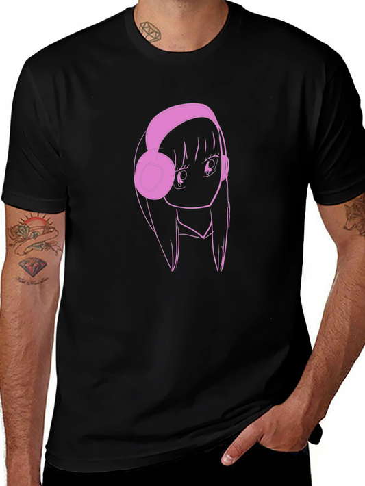 Anime Girl Pink Headphones Black T-Shirt