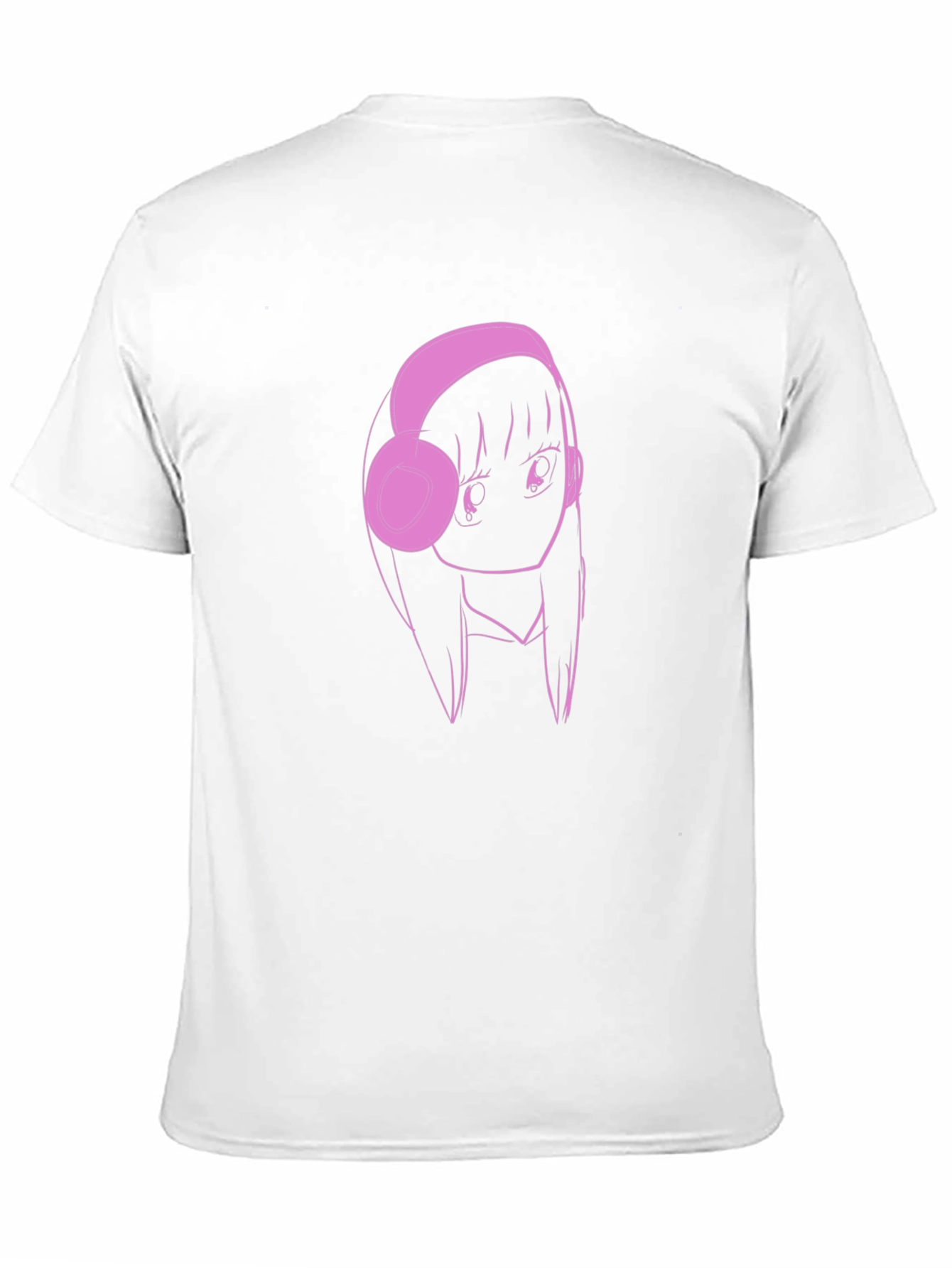 Anime Girl Pink Headphones Black T-Shirt