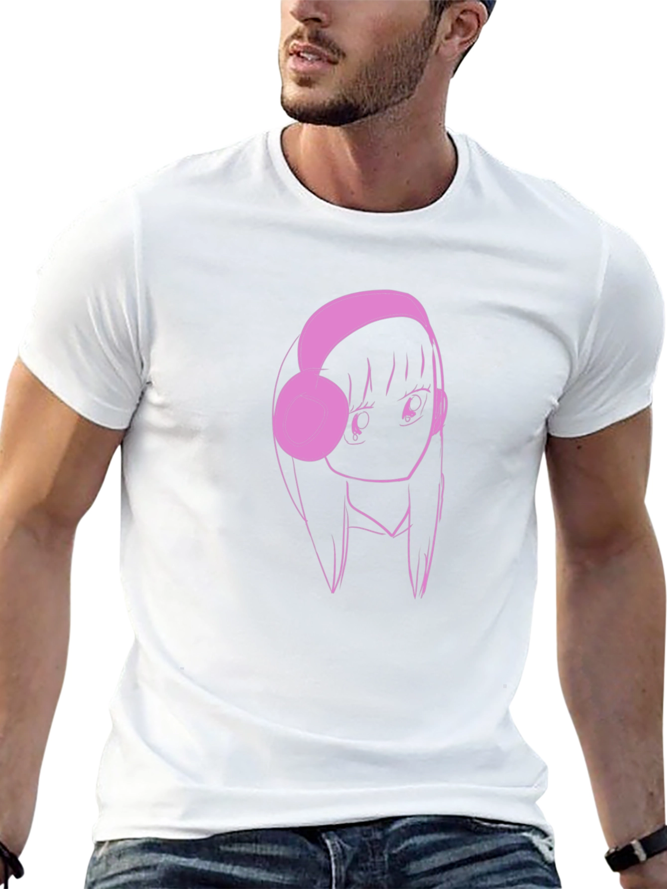 Anime Girl Pink Headphones Black T-Shirt