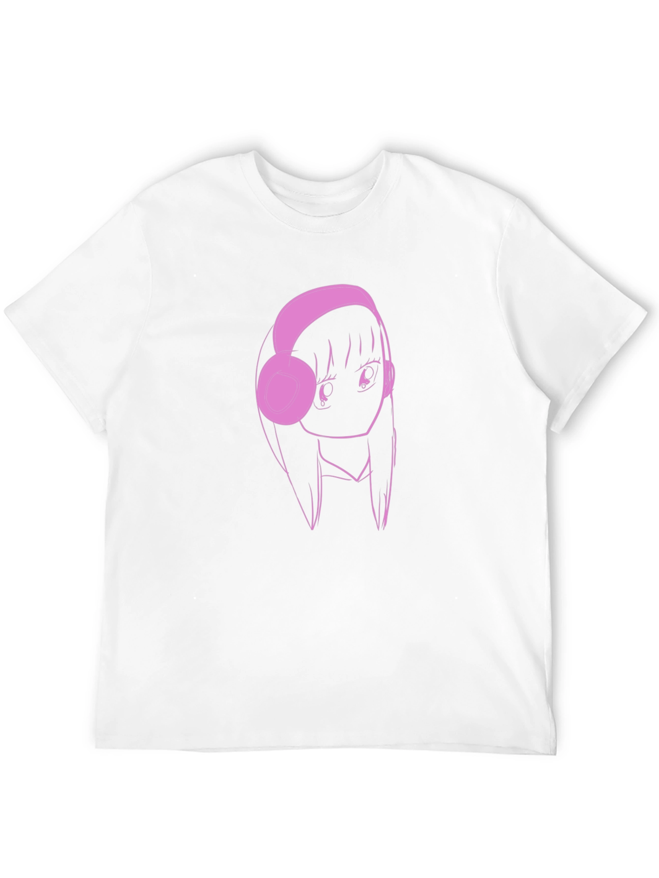 Anime Girl Pink Headphones Black T-Shirt