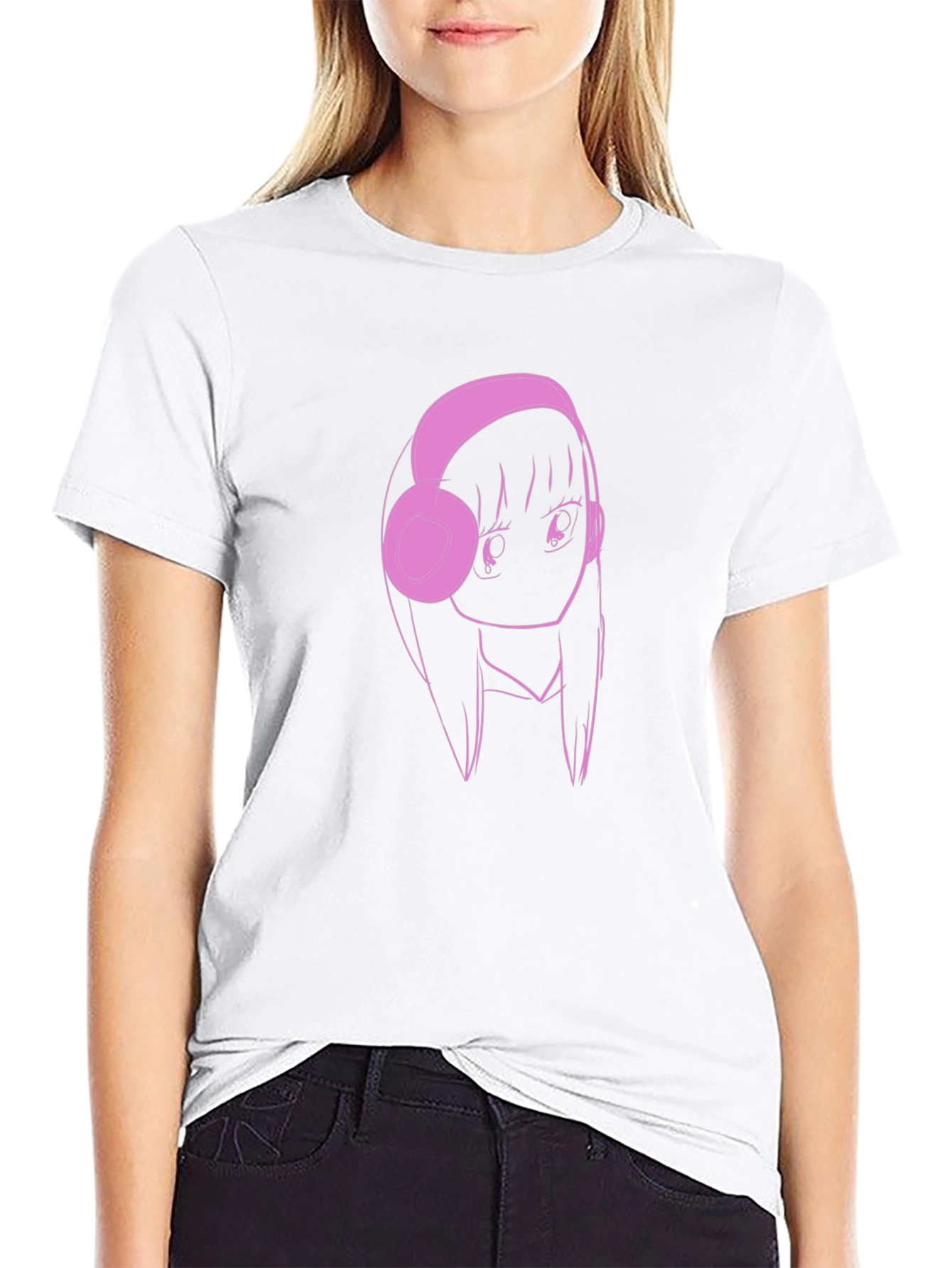 Anime Girl Pink Headphones Black T-Shirt