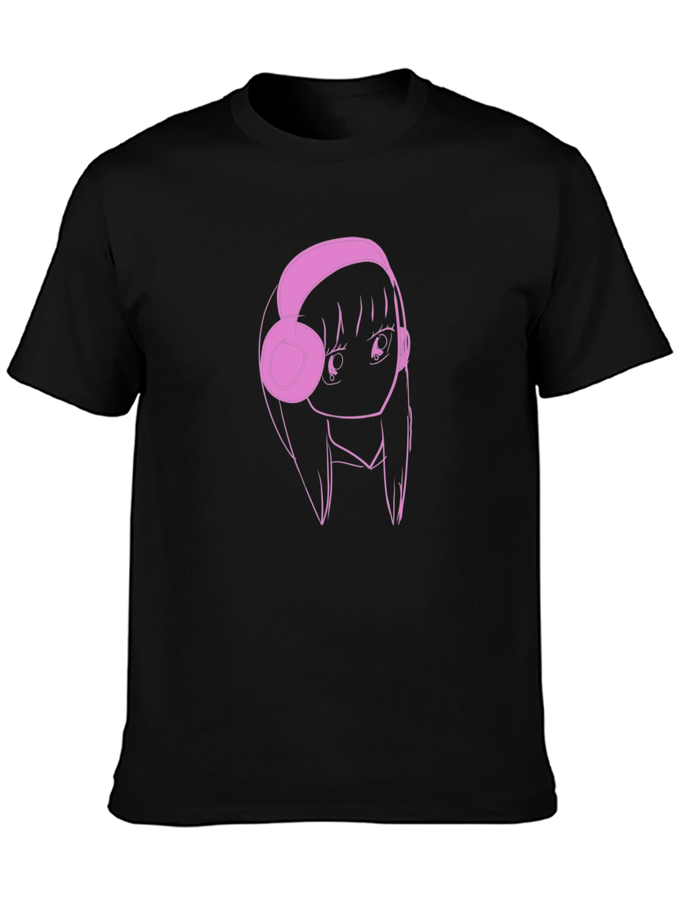 Anime Girl Pink Headphones Black T-Shirt