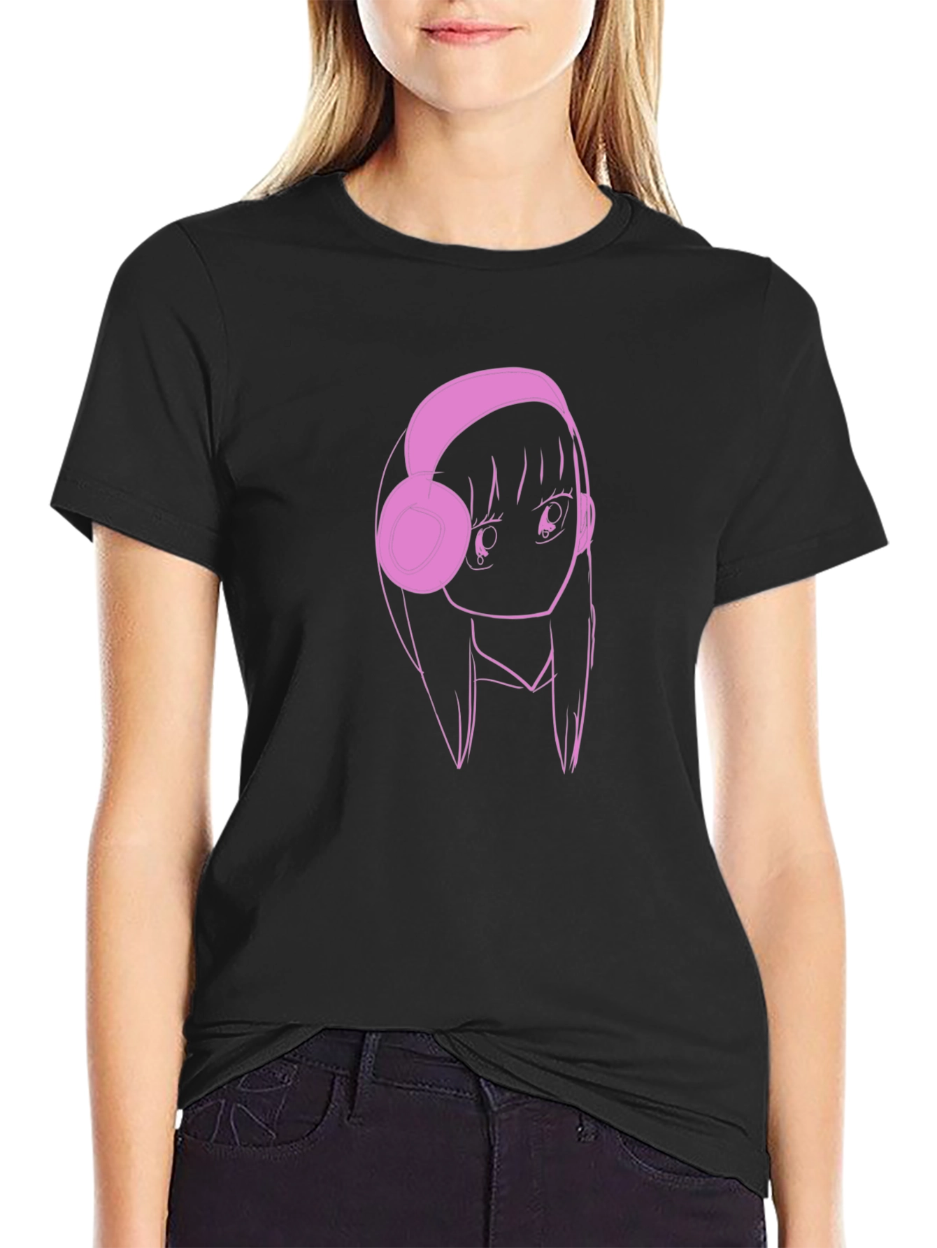 Anime Girl Pink Headphones Black T-Shirt