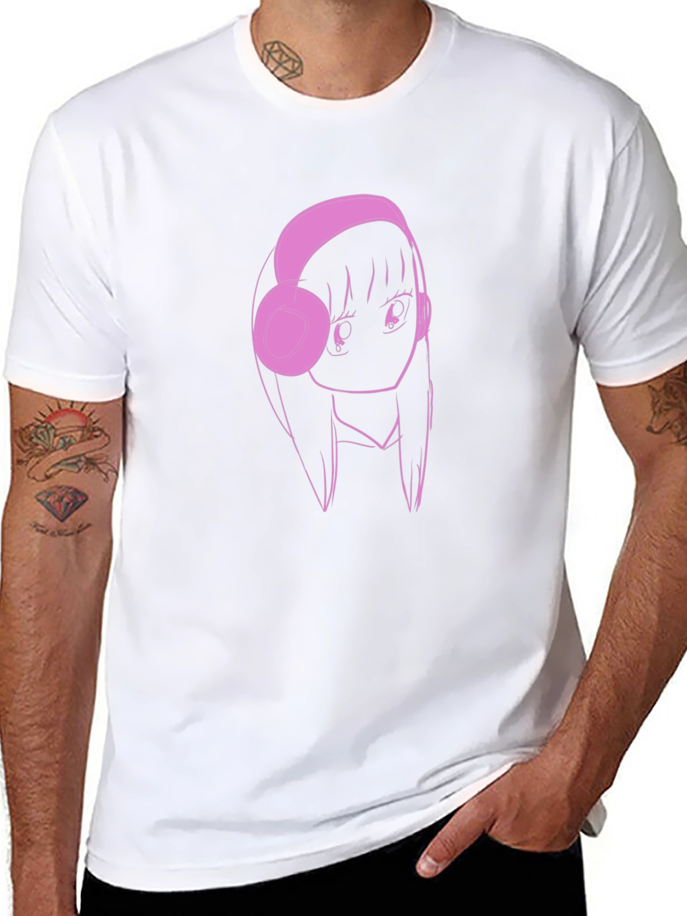 Anime Girl Pink Headphones Black T-Shirt