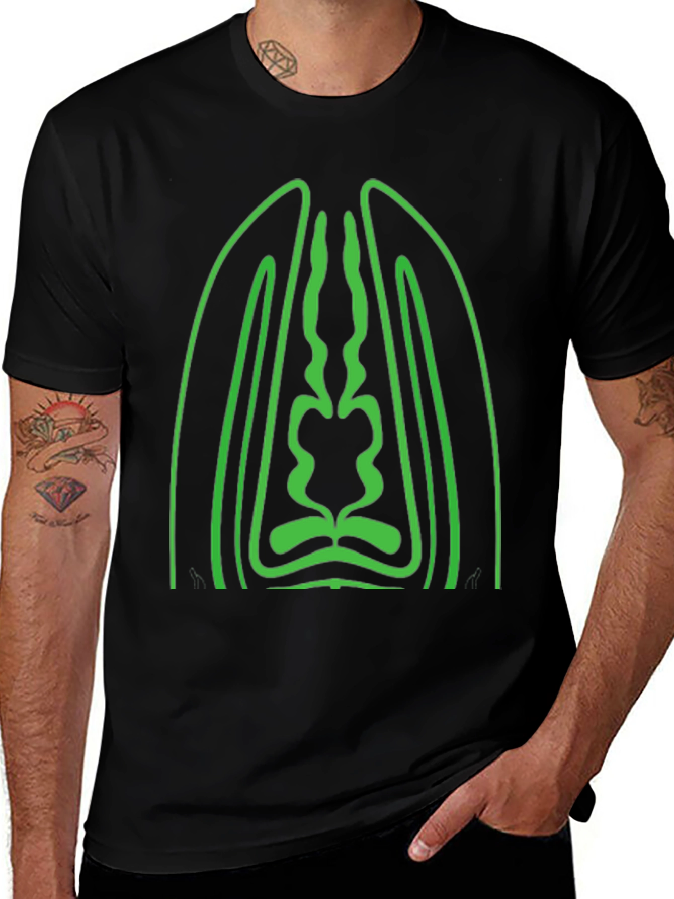 Geometric Green Graphic Black T-Shirt