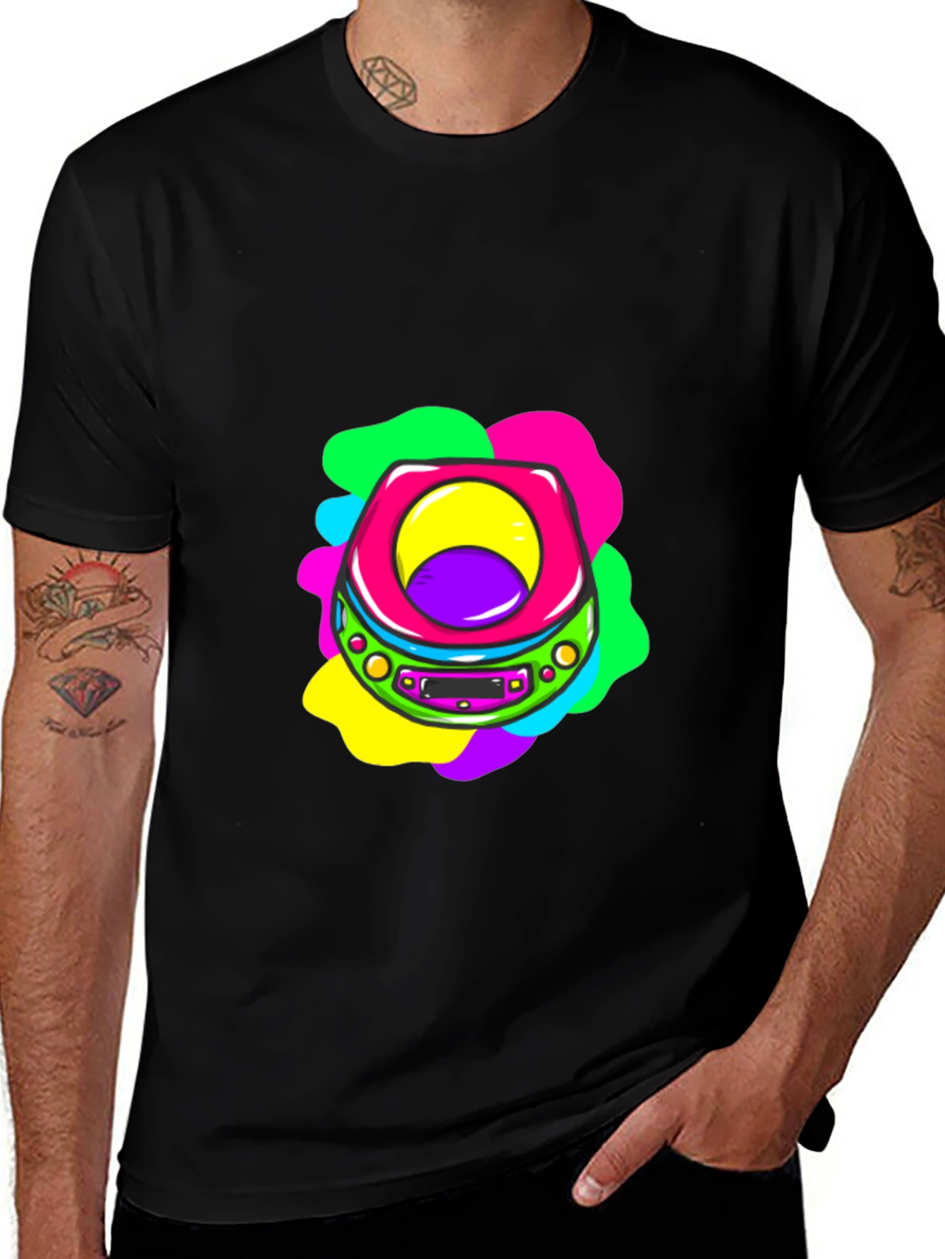 Retro CD Player Graphic Tee - Black Cotton T-Shirt