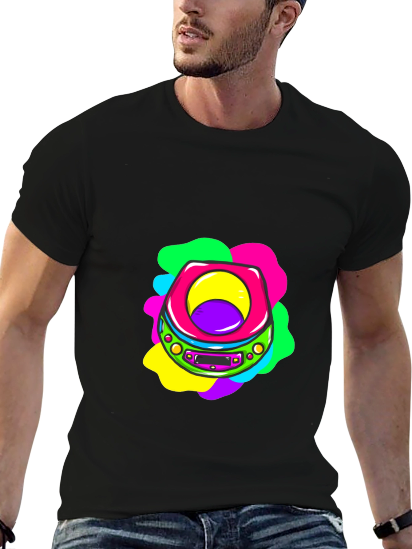 Retro CD Player Graphic Tee - Black Cotton T-Shirt