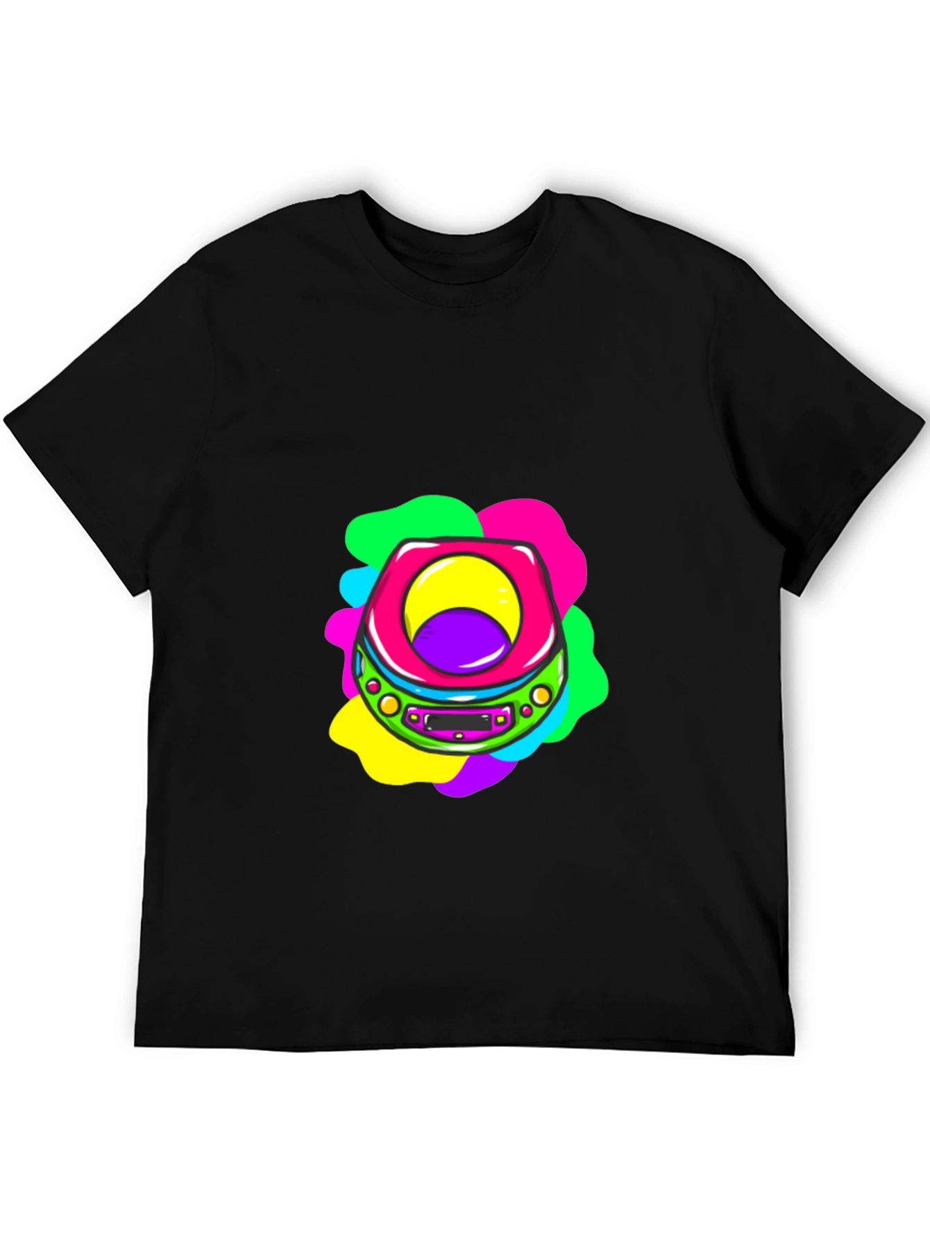Retro CD Player Graphic Tee - Black Cotton T-Shirt