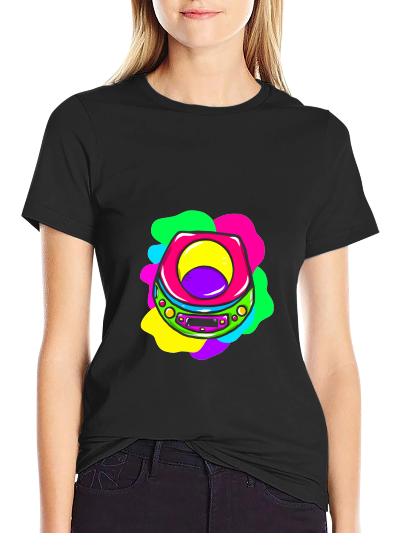 Retro CD Player Graphic Tee - Black Cotton T-Shirt